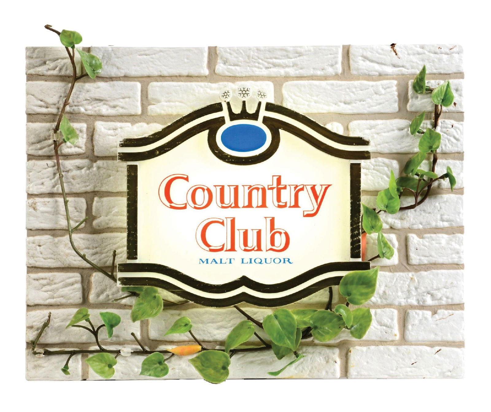 N.O.S. COUNTRY CLUB MALT LIQUOR LIGHT-UP STORE DISPLAY SIGN WITH ORIGINAL BOX: Single Sided Figural Plastic Light-Up Store Display for Country Club Beer. Pulled from its original box (included). CONDITION: Outstanding throughout, in new old stock condition showing little to no w