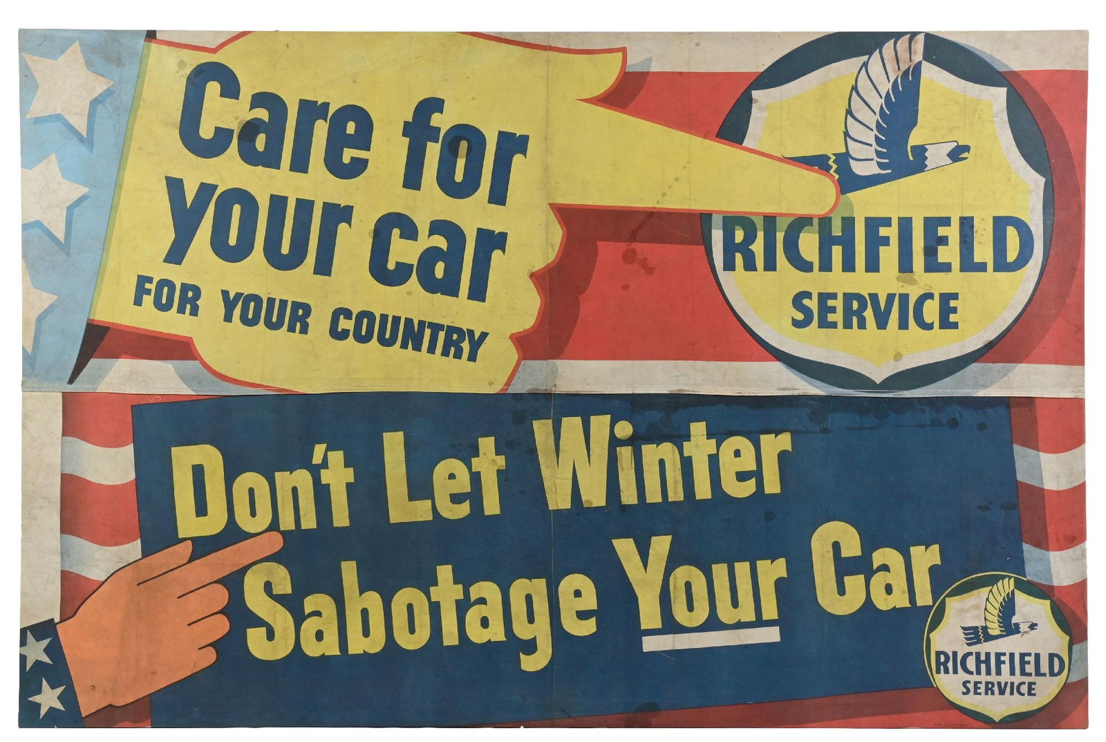 RICHFIELD SERVICE CARE FOR YOUR CAR FOR YOUR COUNTRY ADVERTISING CANVAS BANNER W/ WOOD BACKING. (1 of 3)
