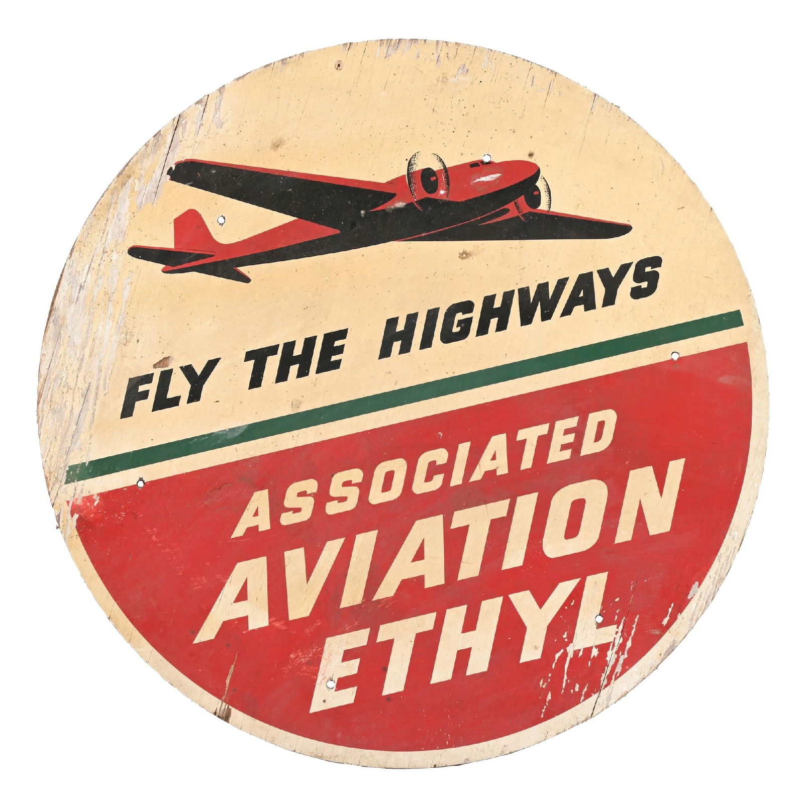 ASSOCIATED AVIATION ETHYL WOODEN SIGN W/ AIRPLANE GRAPHIC. (1 of 2)