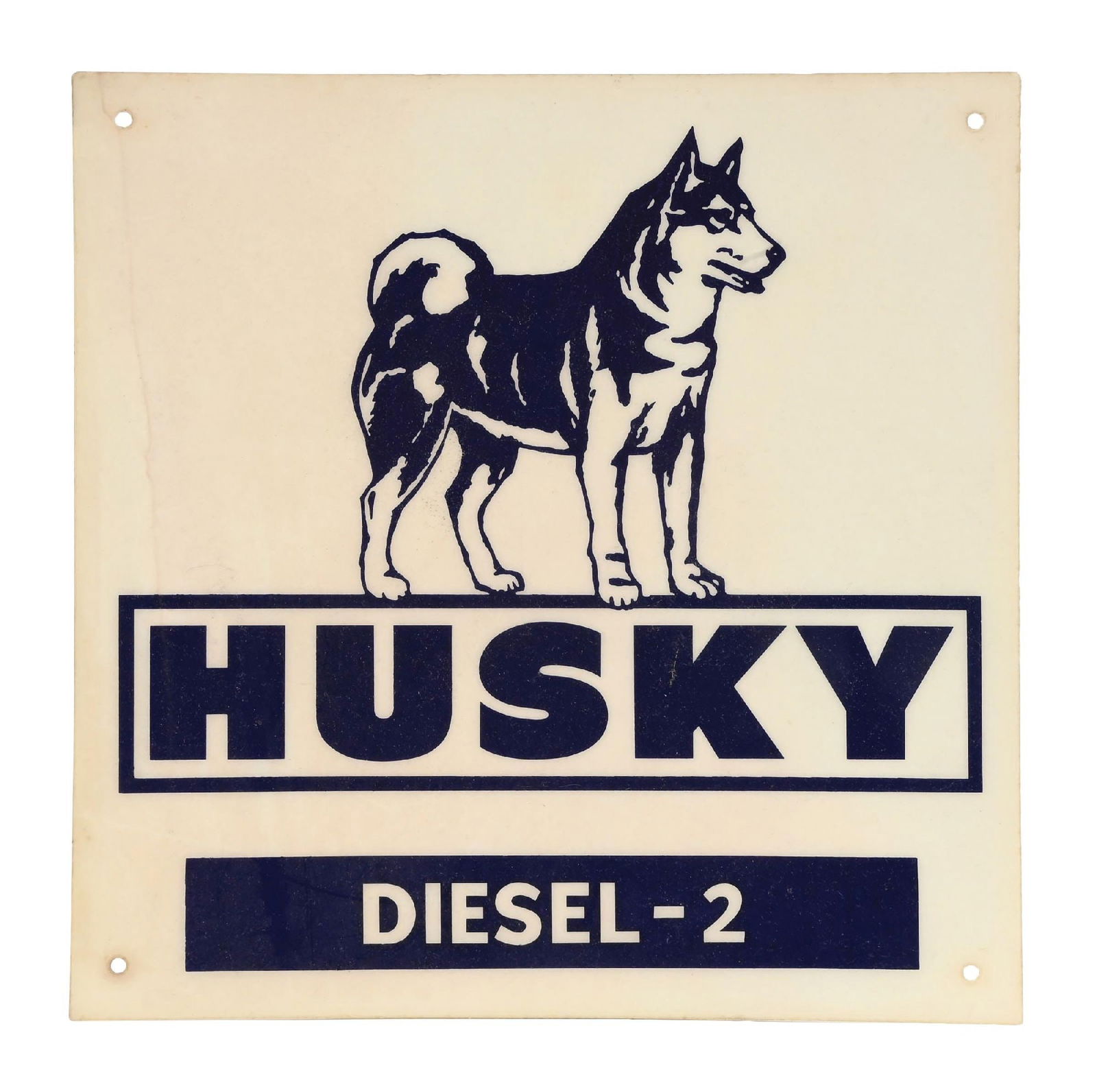 HUSKEY DIESEL FIBERGLASS PUMP PLATE W/ DOG GRAPHIC: Single-Sided Fiberglass Pump Plate showing iconic Husky dog graphic. CONDITION: Excellent color and gloss, with minimal surface wear in the inner and outer field. Excellent condition mounting holes, w