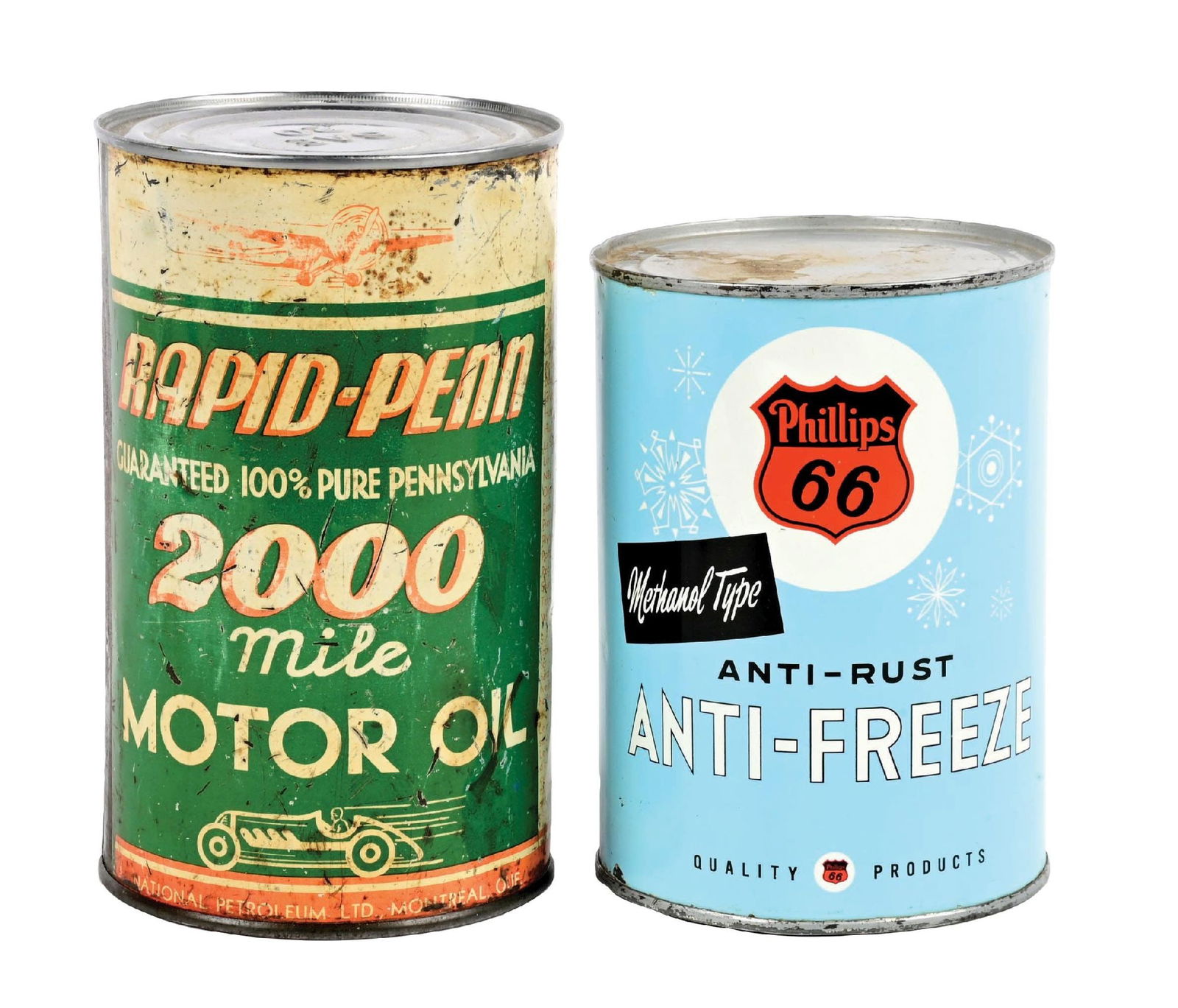 COLLECTION OF 2: RAPID-PENN MOTOR OIL AND PHILLIPS 66 ANTI-FREEZE ONE QUART CANS (1 of 6)