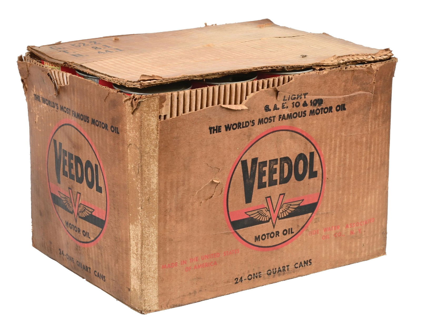 ORIGINAL VEEDOL CASE OF 24 ONE-QUART VEEDOL MOTOR OIL CANS (1 of 4)