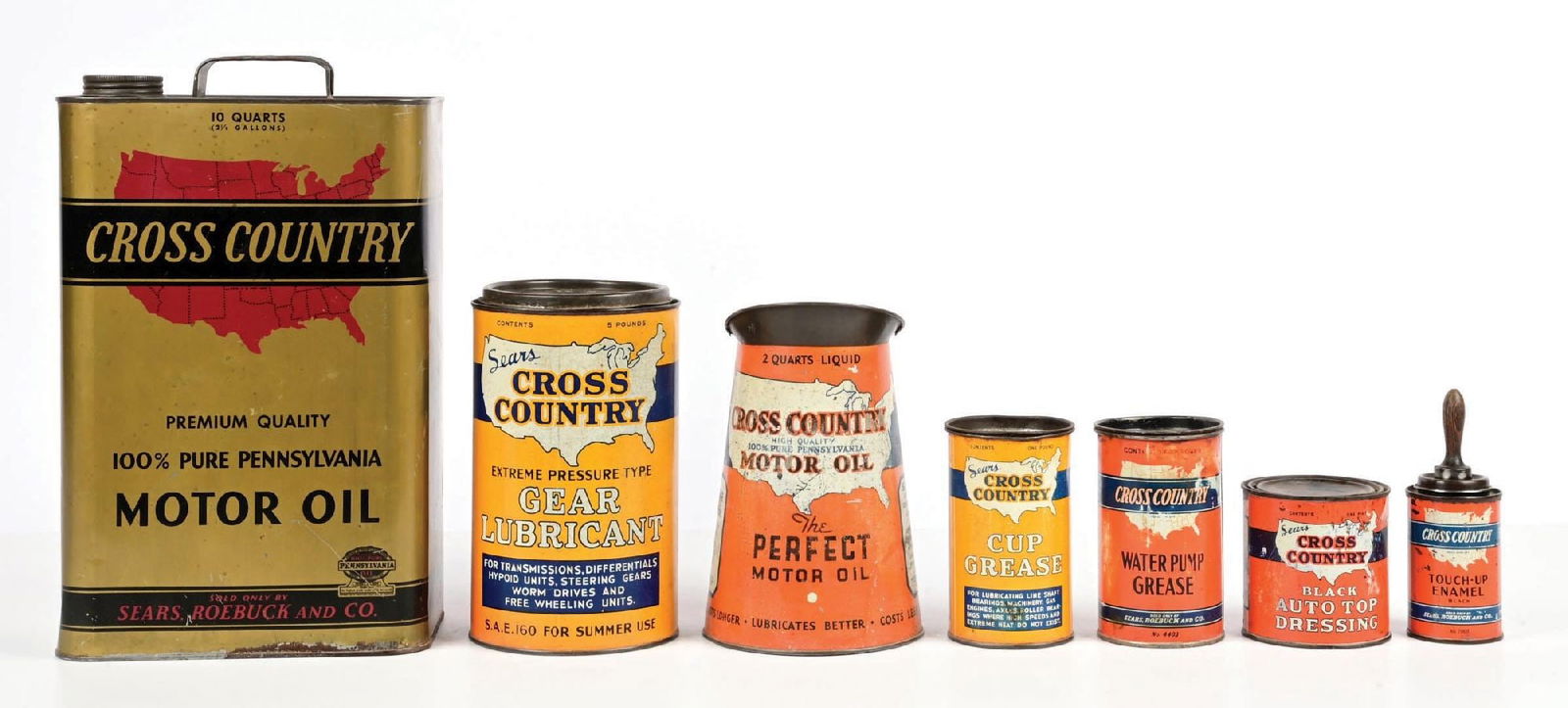 COLLECTION OF 7: CROSS COUNTRY MOTOR OIL & GREASE CANS (1 of 1)