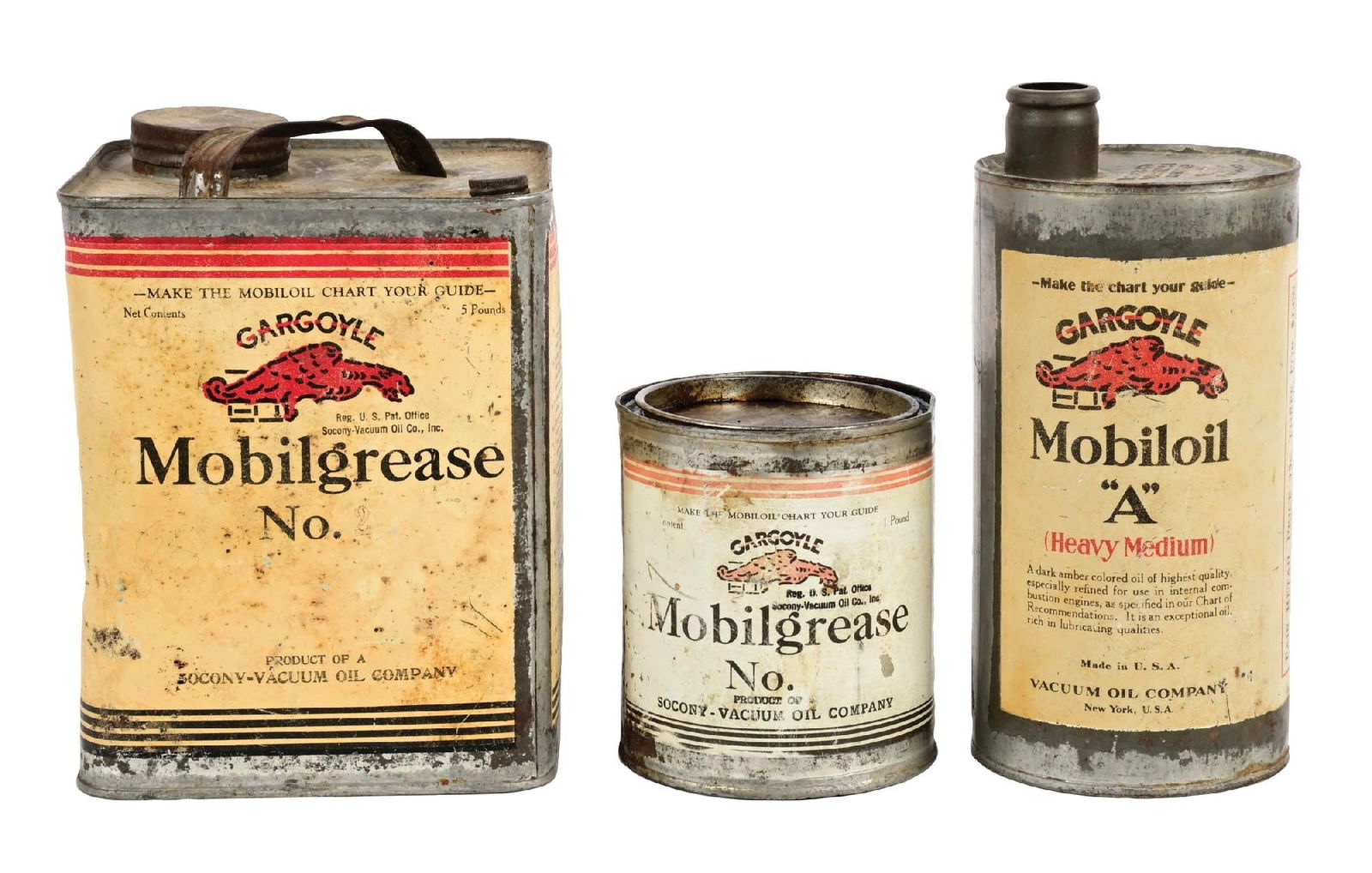 COLLECTION OF 3: MOBILOIL GARGOYLE MOTOR OIL & GREASE CANS (1 of 4)