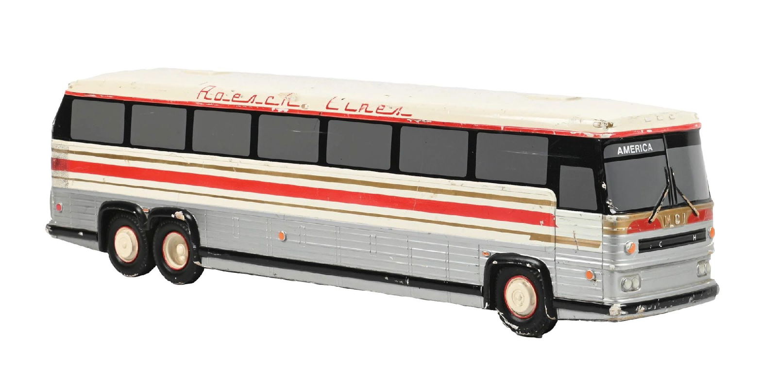 ROESCH LINER FIGURAL BUS DEPOT DISPLAY MODEL: Figural Composition Display Bus for Roesch Bus Lines. CONDITION: Excellent original paint throughout, showing some minor areas of light chipping and surface wear but overall clean. Minor areas of pain