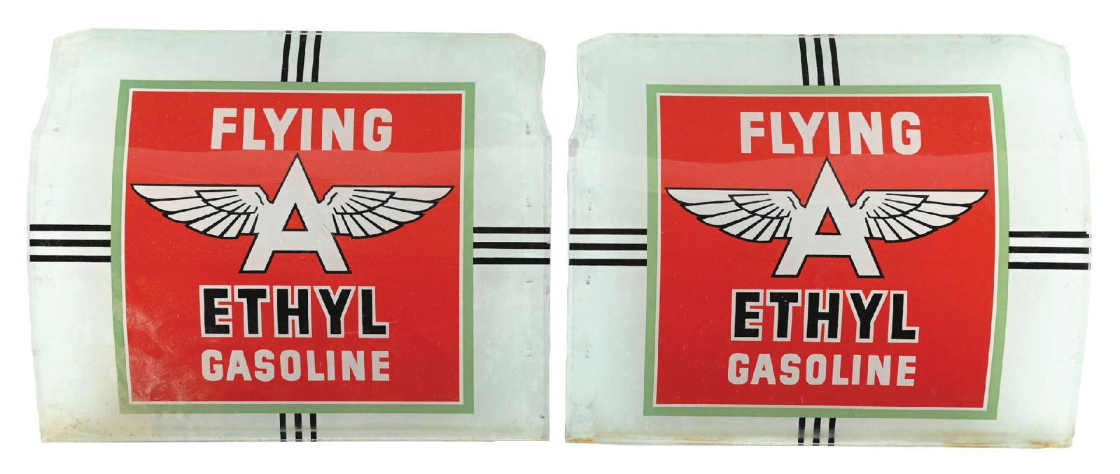 SET OF 2: FLYING A ETHYL GASOLINE NATIONAL A 38 GAS PUMP AD GLASS PANELS: Set of Two. CONDITION: Lenses each showing excellent color and gloss in the inner fields, with clean script and graphic. Moderate areas of chipping throughout the outer edges, with some minor wear to