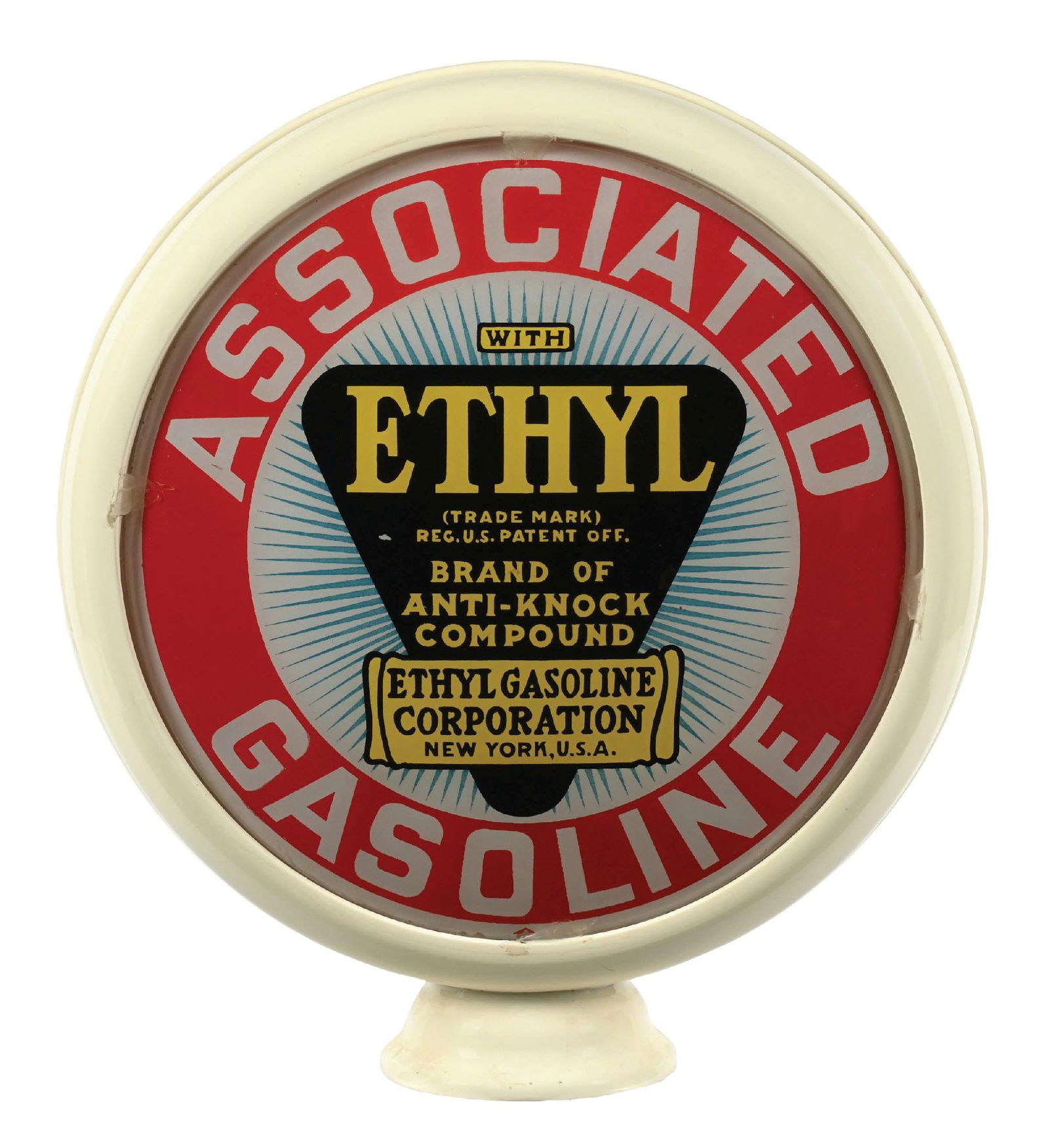 ASSOCIATED GREEN GOLD GASOLINE & ASSOCIATED ETHYL 15" GLOBE LENSES ON METAL BODY (1 of 4)