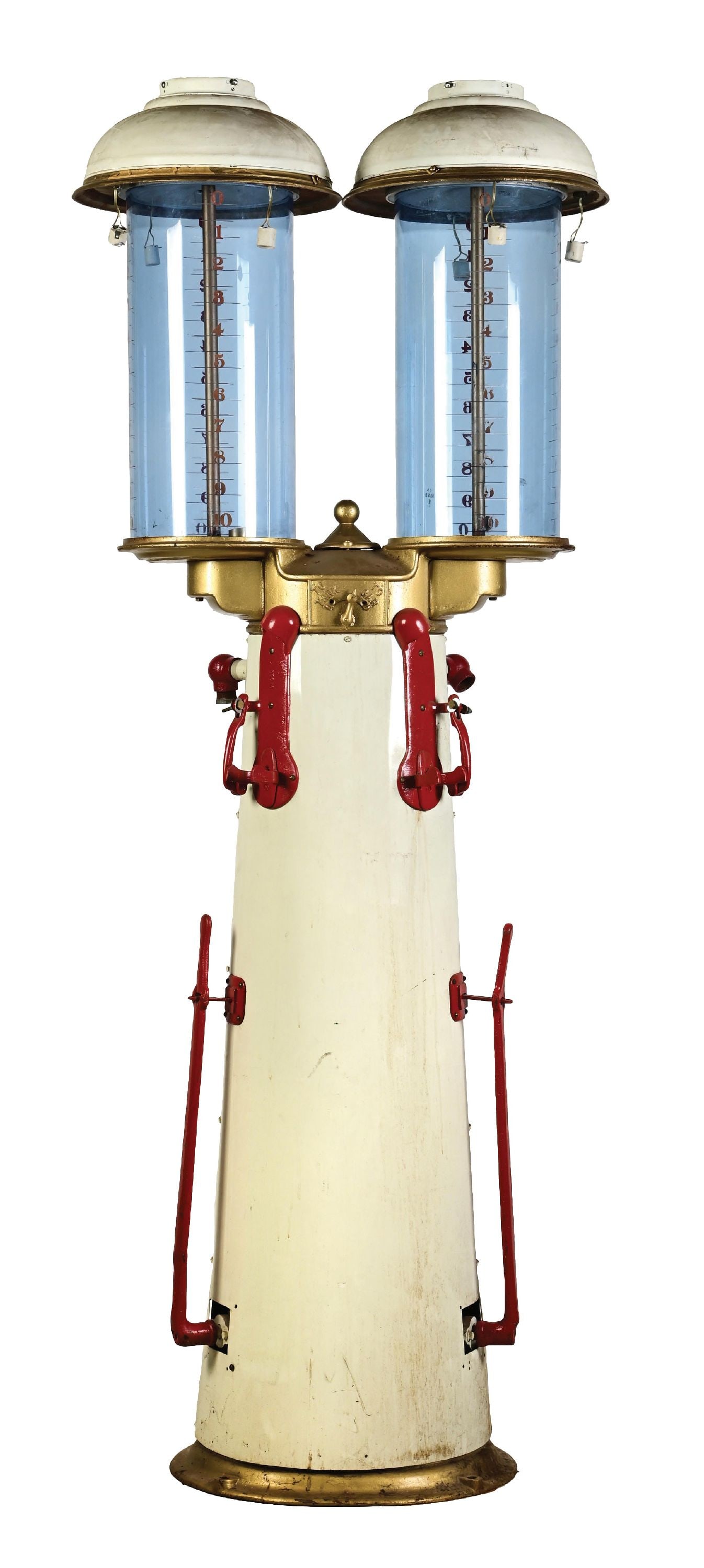 CANADIAN TWIN DOUBLE VISIBLE GAS PUMP: Canadian Twin Ten-Gallon Double Visible Gas Pump showing an older restoration done in red, white and gold. CONDITION: Pump is overall fair, showing an older restoration with areas of age and storage w