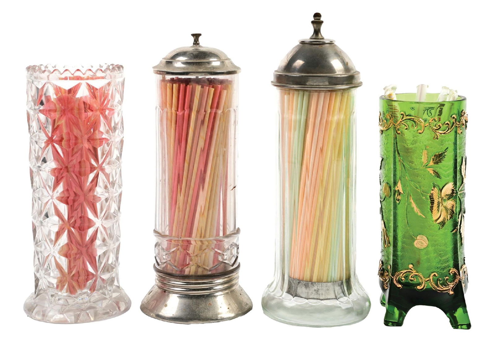 COLLECTION OF 4: GLASS STRAW JARS: CONDITION: Two open lid jars, and two with interior inserts. Showing some original paper straws. No chips, cracks, or breaks. Some oxidation to the metal components. Condition: (Good). Dimensions: