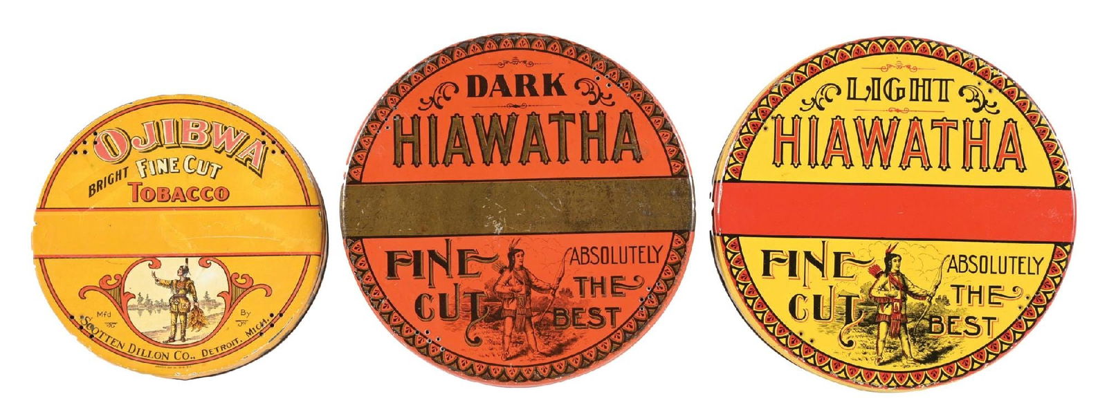 COLLECTION OF 3: TOBACCO PANCAKE TINS: CONDITION: (A) An Ojbwa Fine-Cut pancake tobacco tin. It shows all original labeling, with light scuffs, scrapes, good color and shine. (8.0). (B) A Hiawatha Dark pancake tin. It shows light scuffs