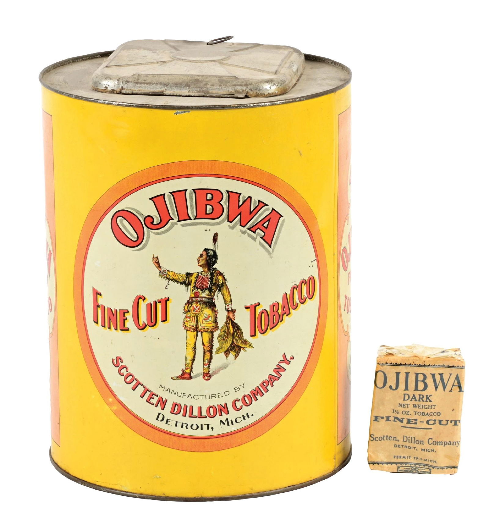 OJIBWA FINE CUT TOBACCO TIN CANISTER: Rare fine cut tobacco tin with Native American graphic. CONDITION: Showing very light wear, some soiling to the can, which would improve with a good cleaning. Light scuffs, scratches, and very minor