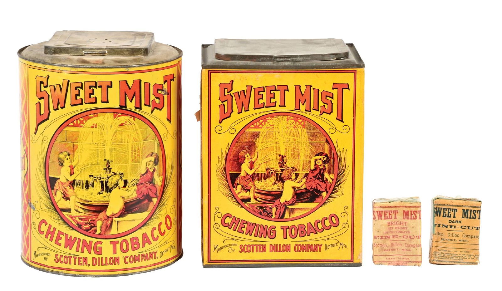 PAIR OF CHEWING TOBACCO TINS: (A) Sweet Mist Tobacco tin with a great graphic of children at the fountain, showing light areas of paint loss, some minor scuffs and scratches to the main field. (8.0). (B) Sweet Mist Chewing
