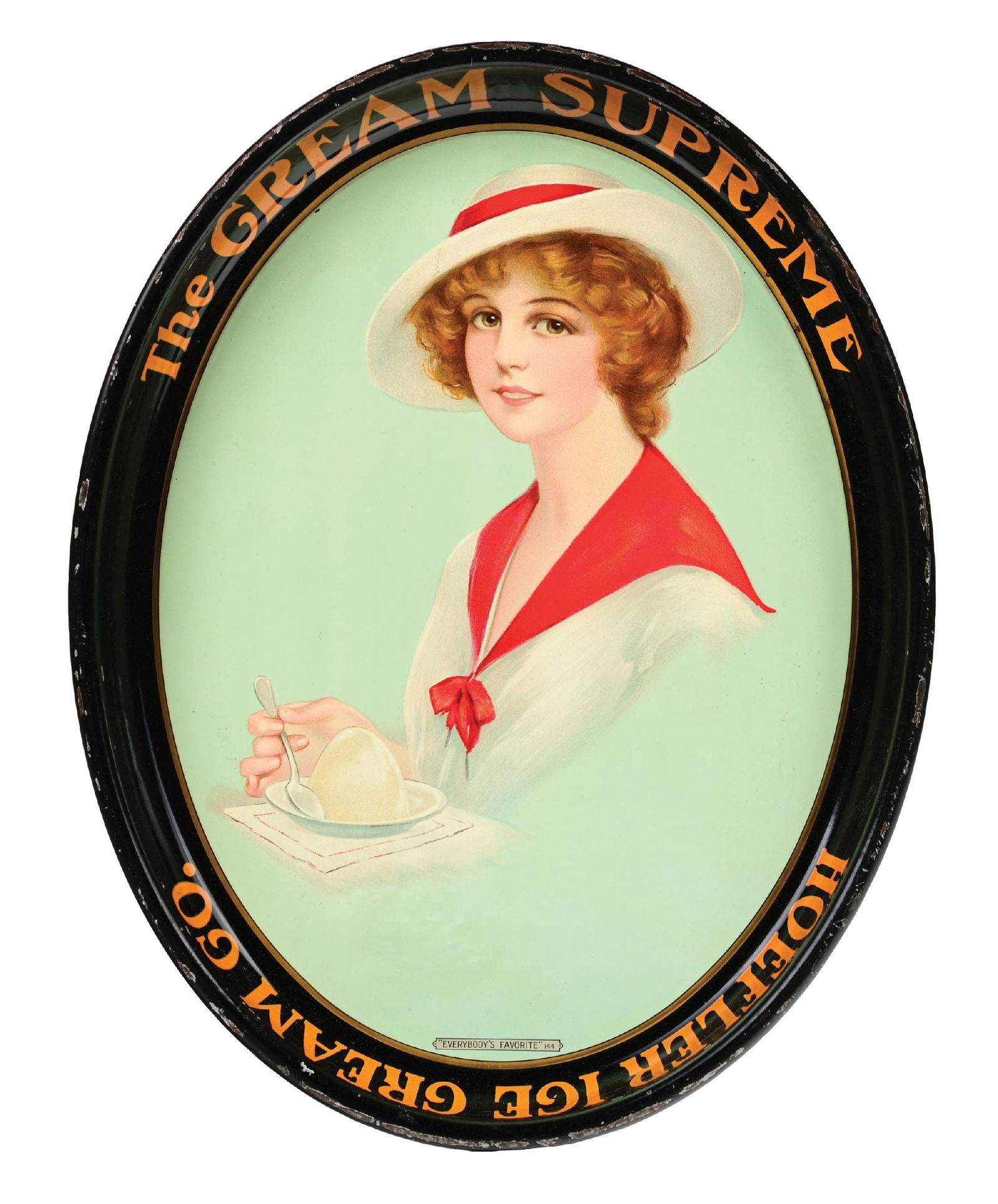 HOEFLER ICE CREAM CO. ICE CREAM SERVING TRAY: Marked "'Everybody's Favorite' 144". CONDITION: Showing good color and shine in the main field, with no significant scratches or marks. Areas of missing paint on the outside edges of the rim, as well