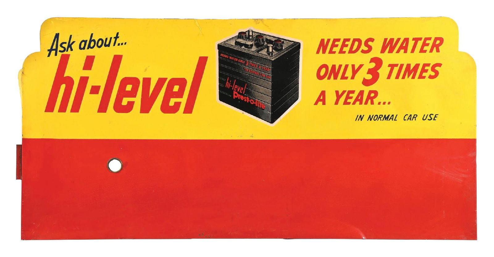 PRESTOLITE HI LEVEL BATTERIES TIN SERVICE STATION SIGN: SST. CONDITION: Excellent color & gloss showing clean battery graphic. Light areas of wear in the field with some minor denting in the outer fields. Outer edges show cookie cutter edge with light