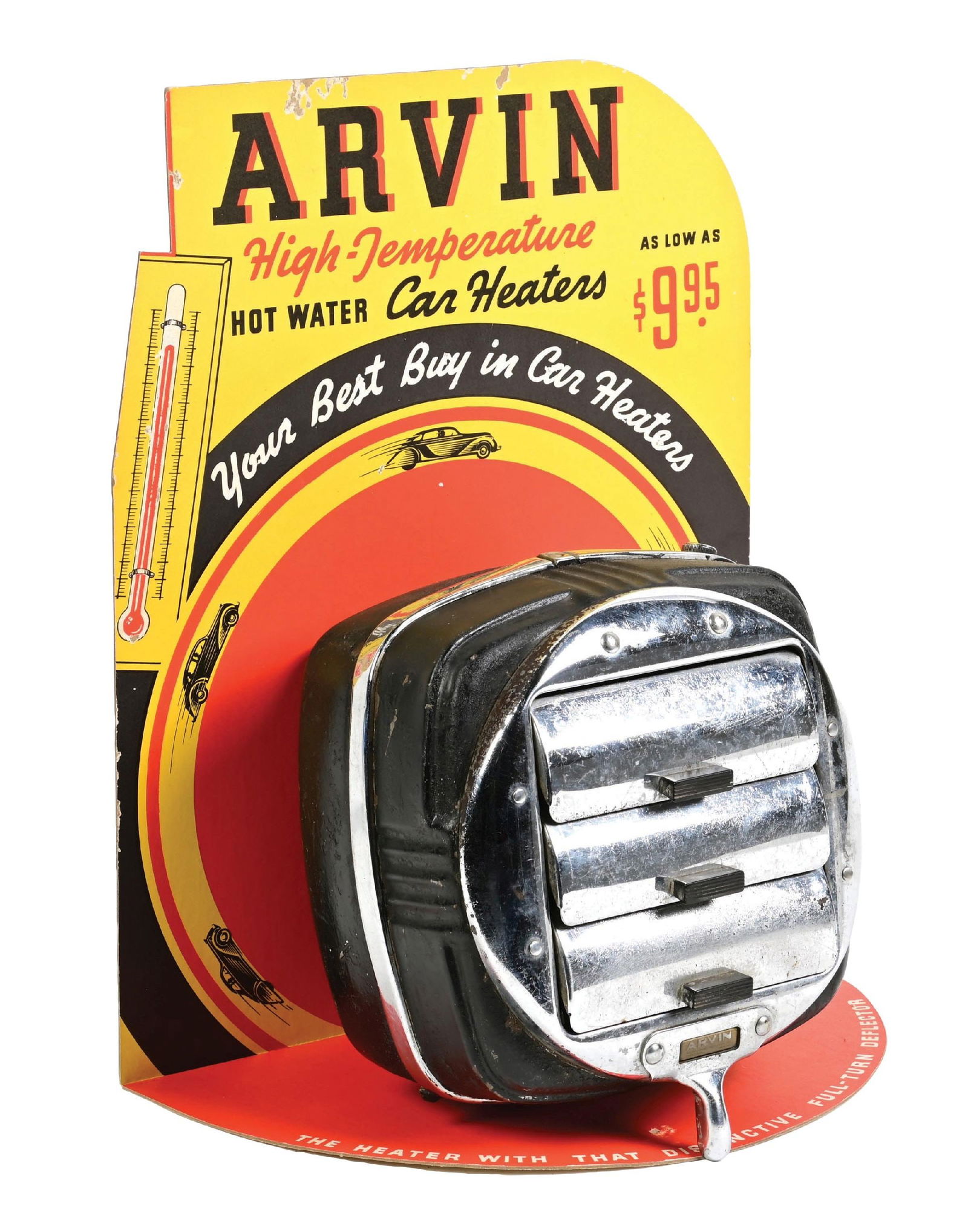 ARVIN HOT WATER CAR HEATERS CARD STOCK STORE DISPLAY W/ HEATER.: Single Sided Cardstock Display showing original Arvin Car Heater. CONDITION: Display Sign was found n.o.s. showing excellent color & gloss throughout with car & thermometer graphics. Light areas of