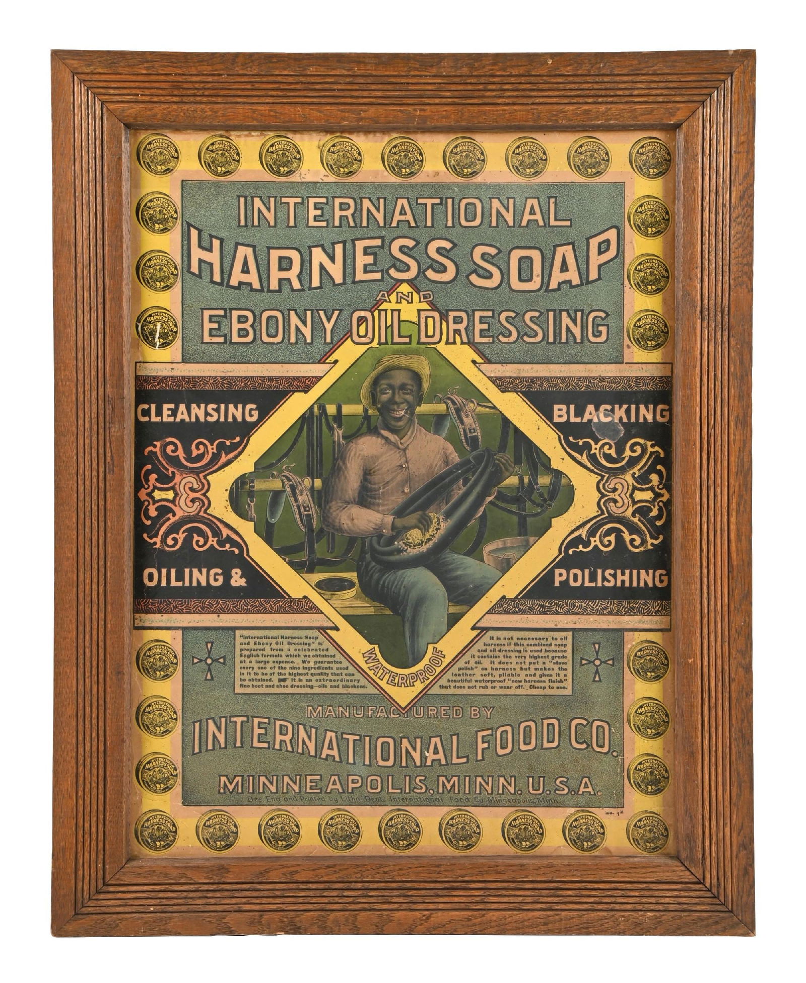 CARDSTOCK ADVERTISING FOR THE INTERNATIONAL FOOD COMPANY HARNESS SOAP: CONDITION: Showing very good color, with some light surface scratches to the cardstock, primarily noticeable under the word "Blacking" to the right-hand side, and one side across the gentleman's face