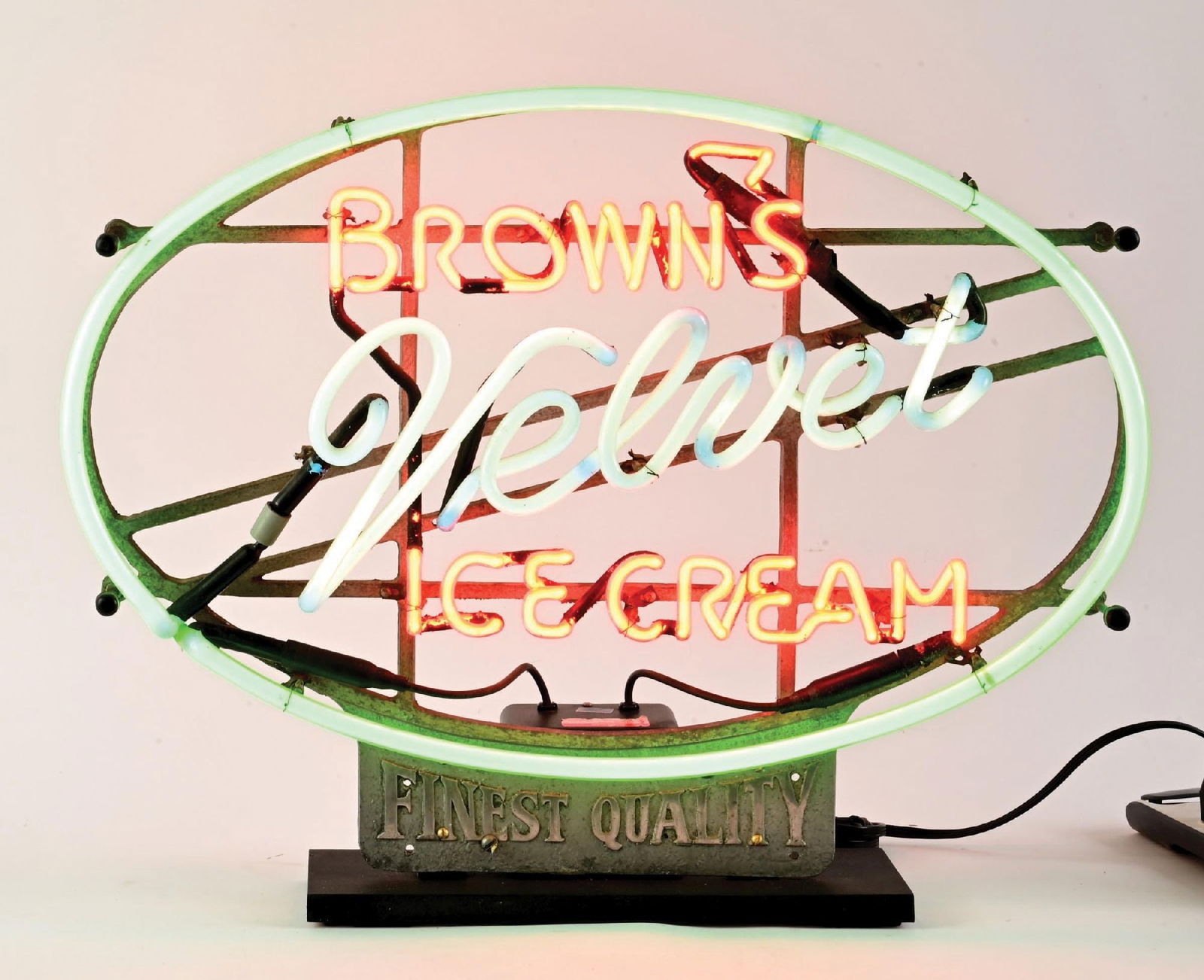 OUTSTANDING BROWNS VELVET ICE CREAM NEON SIGN: Single-Sided Neon Skeleton Sign showing original metal frame with "Finest Quality" lettering stamped along the bottom field. CONDITION: All original neon tubing in outstanding working condition lighti