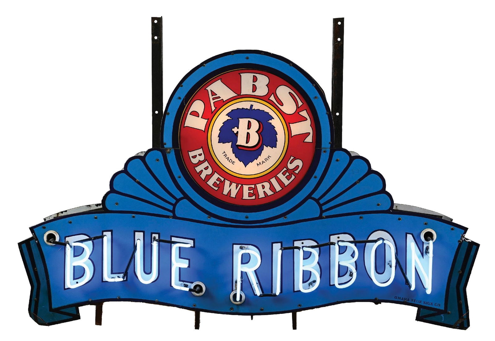 PABST BLUE RIBBON DOUBLE-SIDED PORCELAIN NEON SIGN W/ GLASS FACE: DSP. Maker's marked "Omaha Neon Sign Co." A spectacular Pabst Blue Ribbon art deco porcelain sign with unique glass face inserts. CONDITION: Side 1 has superior color and shine, with only minimal surf