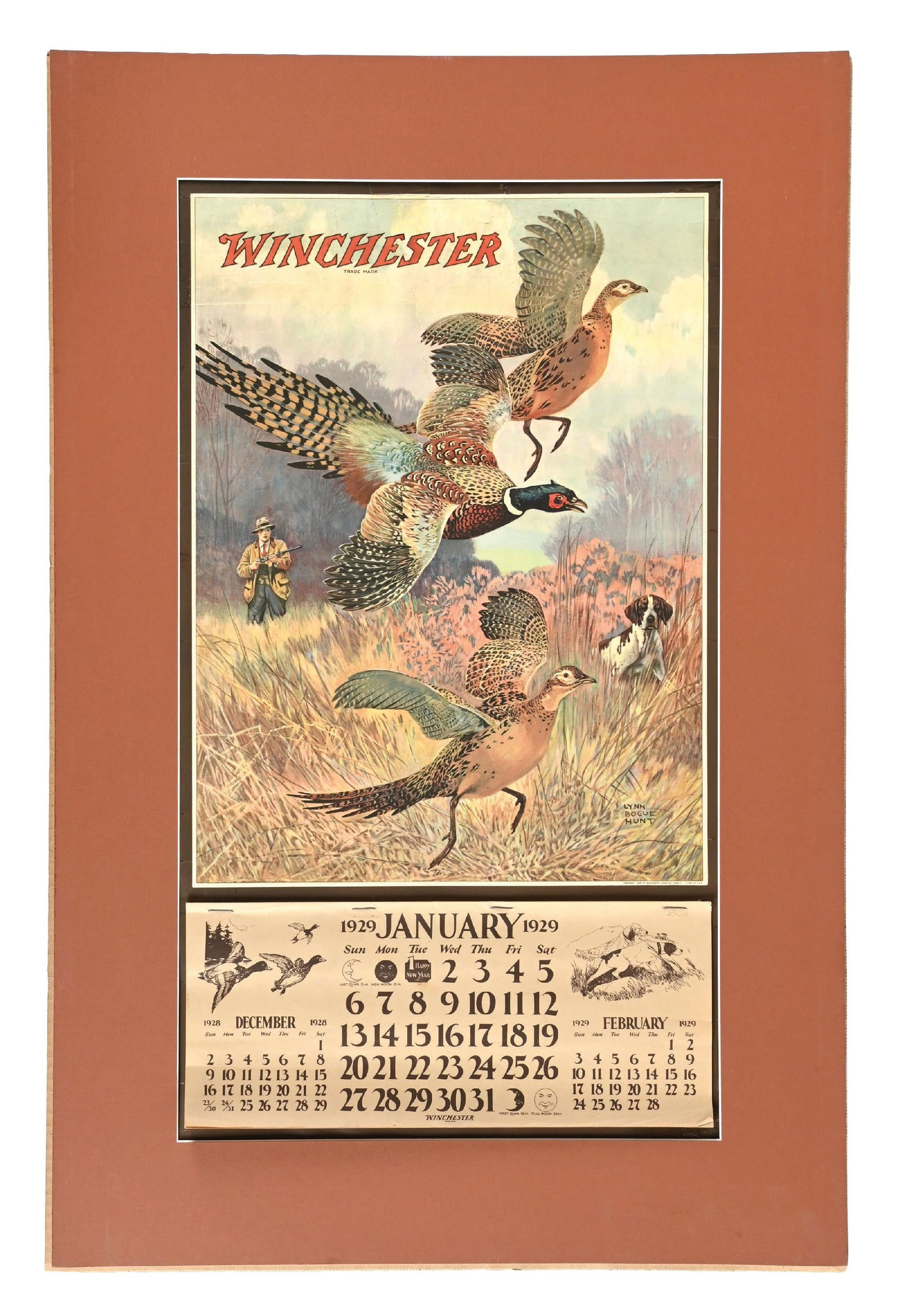 JANUARY 1929 CALENDAR FOR WINCHESTER: CONDITION: Mounted in contemporary matting with a plexiglass cover. It shows good color, a complete pad of calendars, and a good graphic of flying pheasants. It has areas of folds and repair at the