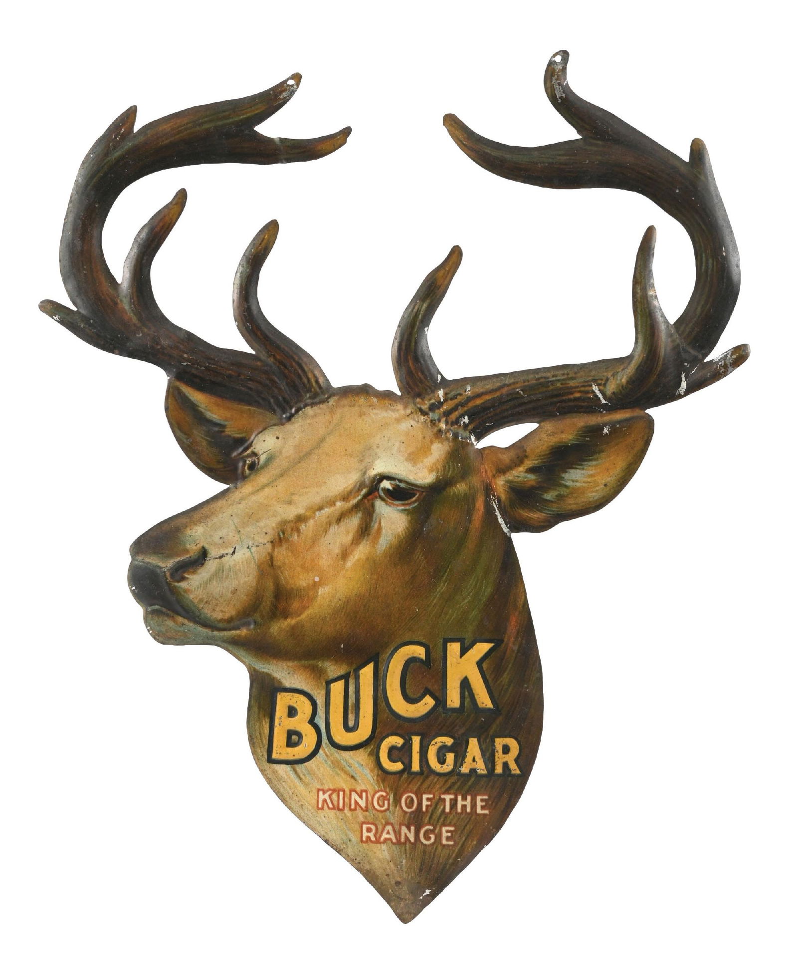 RARE BUCK CIGAR "KING OF THE RANGE" DIE CUT EMBOSSED TIN SIGN (1 of 2)