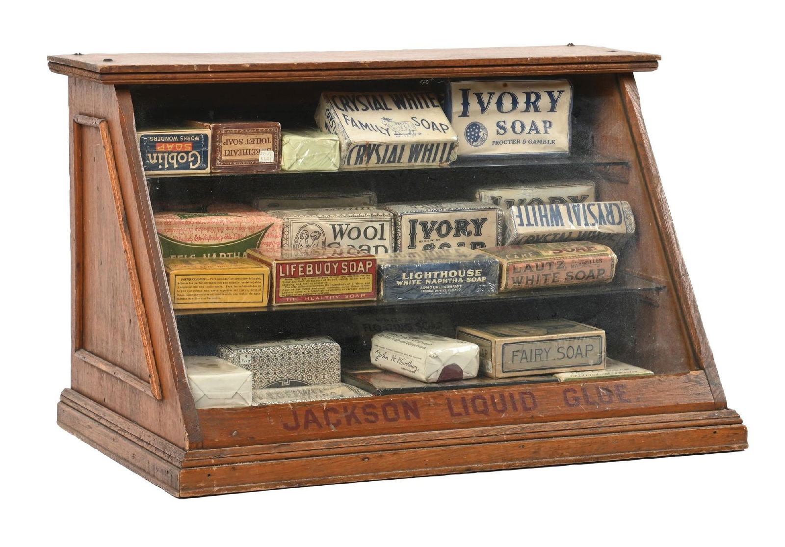 ORIGINAL JACKSON LIQUID GLUE SHOWCASE FULL OF OLD STOCK BATHING SOAP (1 of 5)