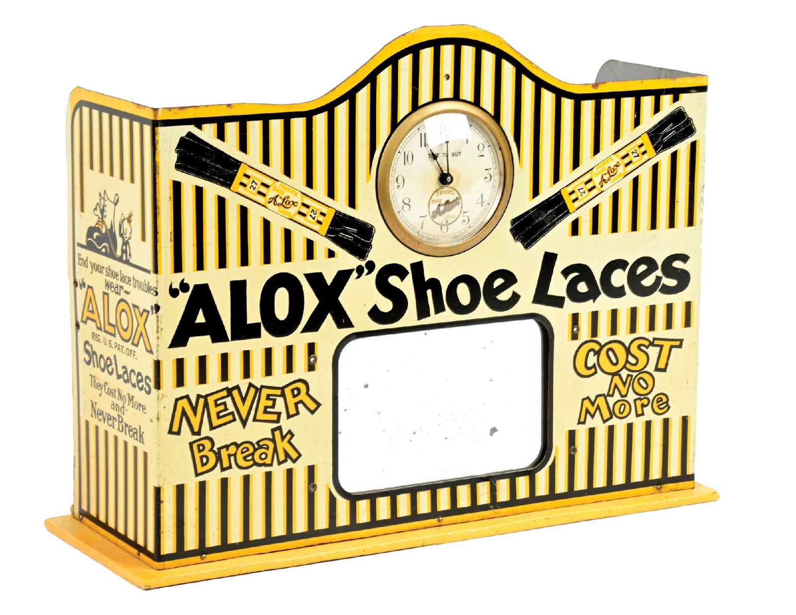 COUNTRY STORE ALOX SHOELACE TIN DISPLAY W/ CLOCK: CONDITION: All original shoelace display with graphics on the front and sides, open back for storage of product. Mirrored front is original and clock in the marquee is also original to the display. Sh