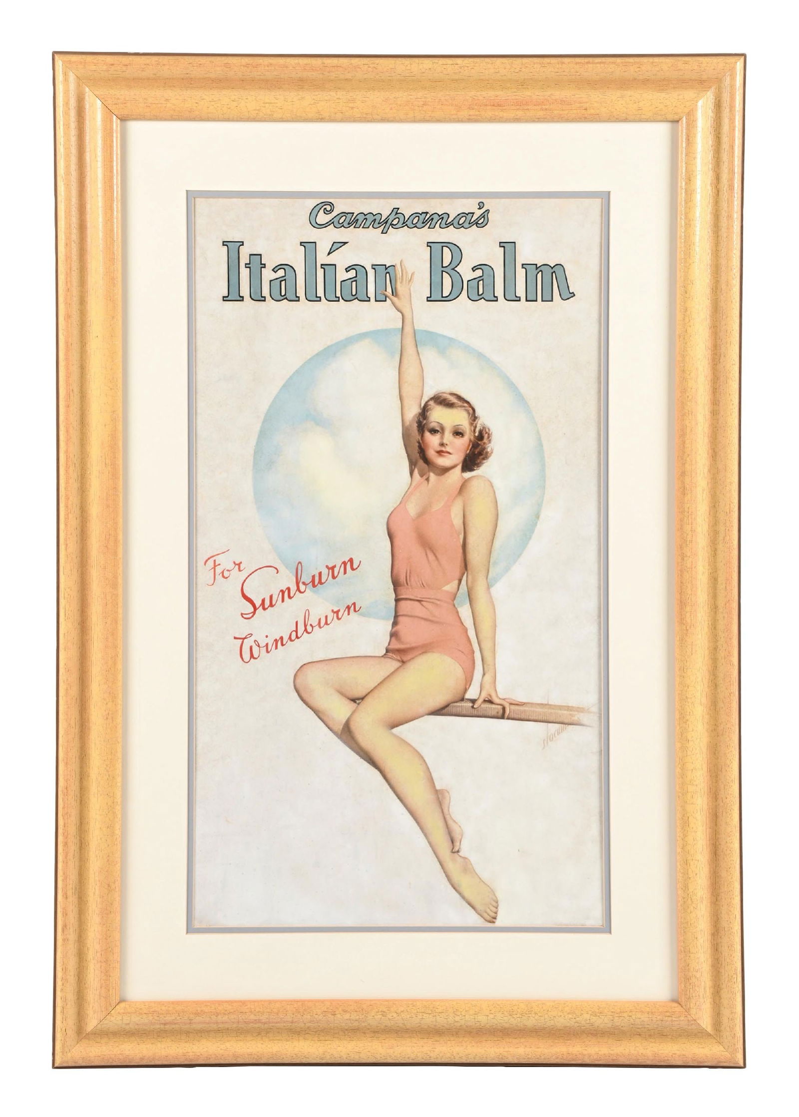 CAMPANA'S ITALIAN BALM FRAMED ADVERTISEMENT: C. 1930s. CONDITION: Paper lithograph advertising for Campana's. Showing good color with light edge wear covered by professional matting. No meaningful damage to the main field and graphic. Light stai