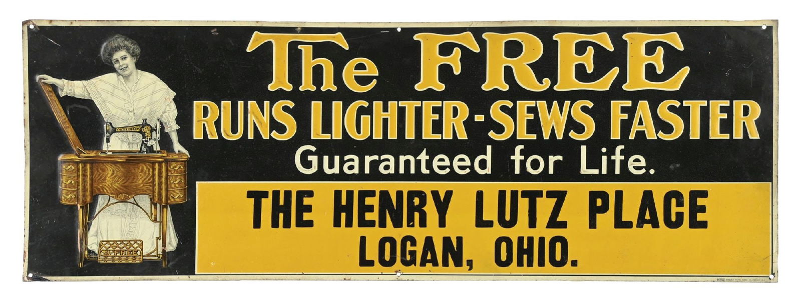 EMBOSSED TIN ADVERTISING SIGN FOR "THE FREE" SEWING MACHINE: SST. Maker marked for the Stlad Sign Company and Passaic Metalware Company out of Passaic, New Jersey. CONDITION: It shows modest color and shine, as well as strong embossing. It shows areas of missin