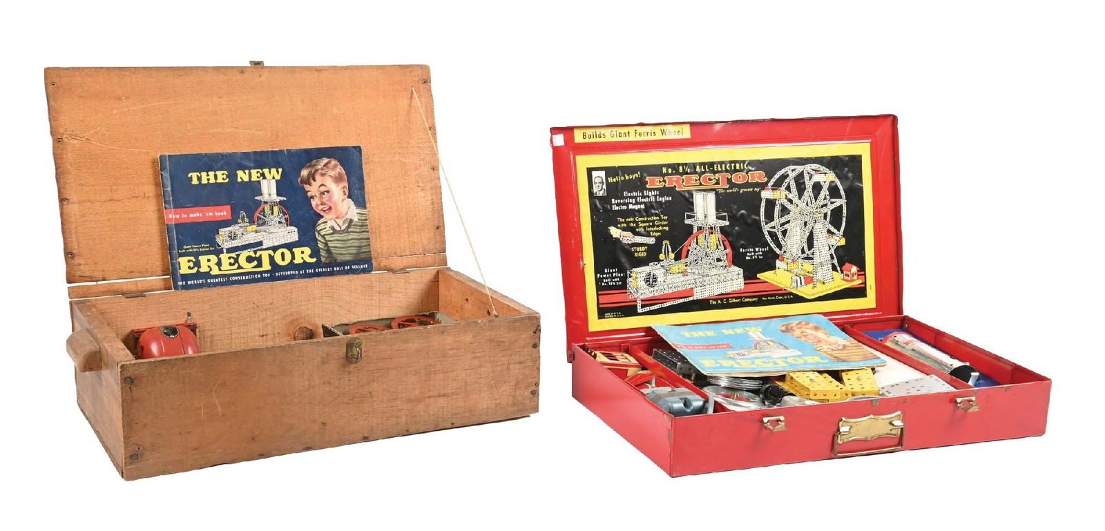 PAIR OF TOY ERECTOR SETS: CONDITION: (A) Original red tin erector set with the original label on the top, with a multitude of parts and pieces. It is unknown if the set is complete. (B) Wood box showing electric motors and ori