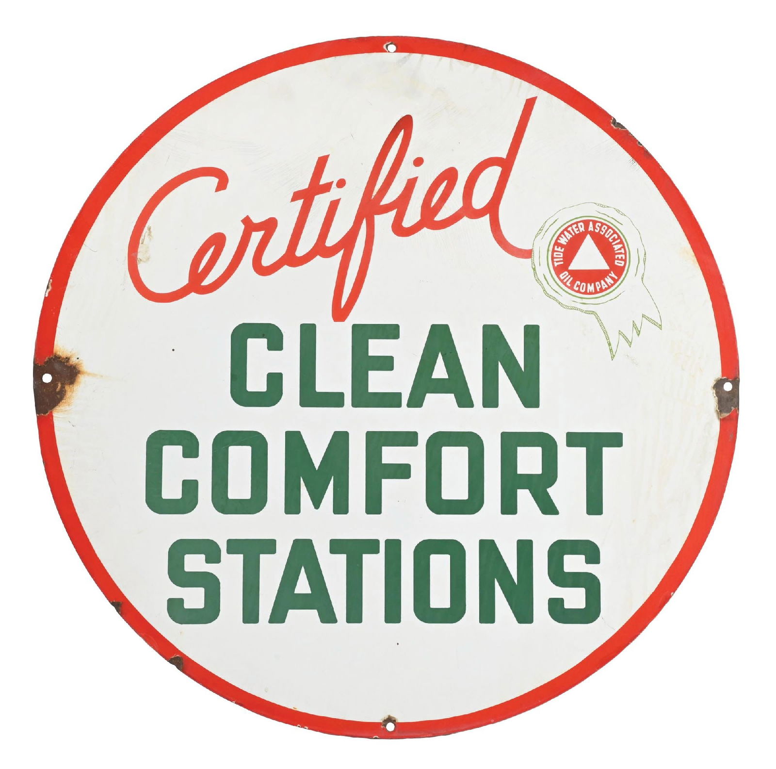 TIDE WATER ASSOCIATED CERTIFIED "CLEAN, COMFORT STATIONS" PORCELAIN SIGN (1 of 2)