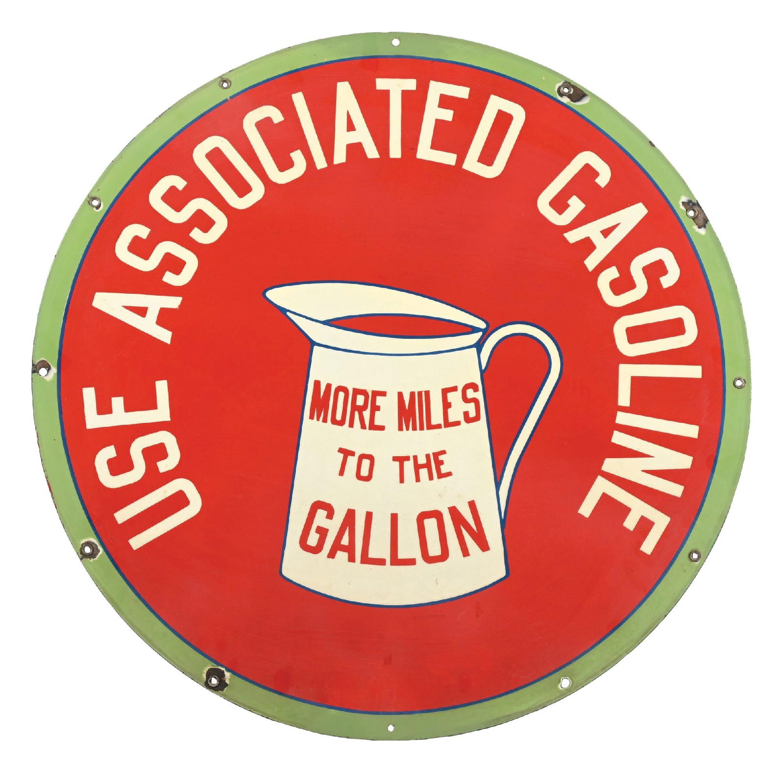 RARE USE ASSOCIATED GASOLINE "MORE MILES TO THE GALLON" PORCELAIN SIGN: SSP. C. 1920s. CONDITION: Sign shows very good color & gloss throughout the field, with no notable areas of field chipping other thank some fine surface scratches and age wear to the gloss. Sign shows