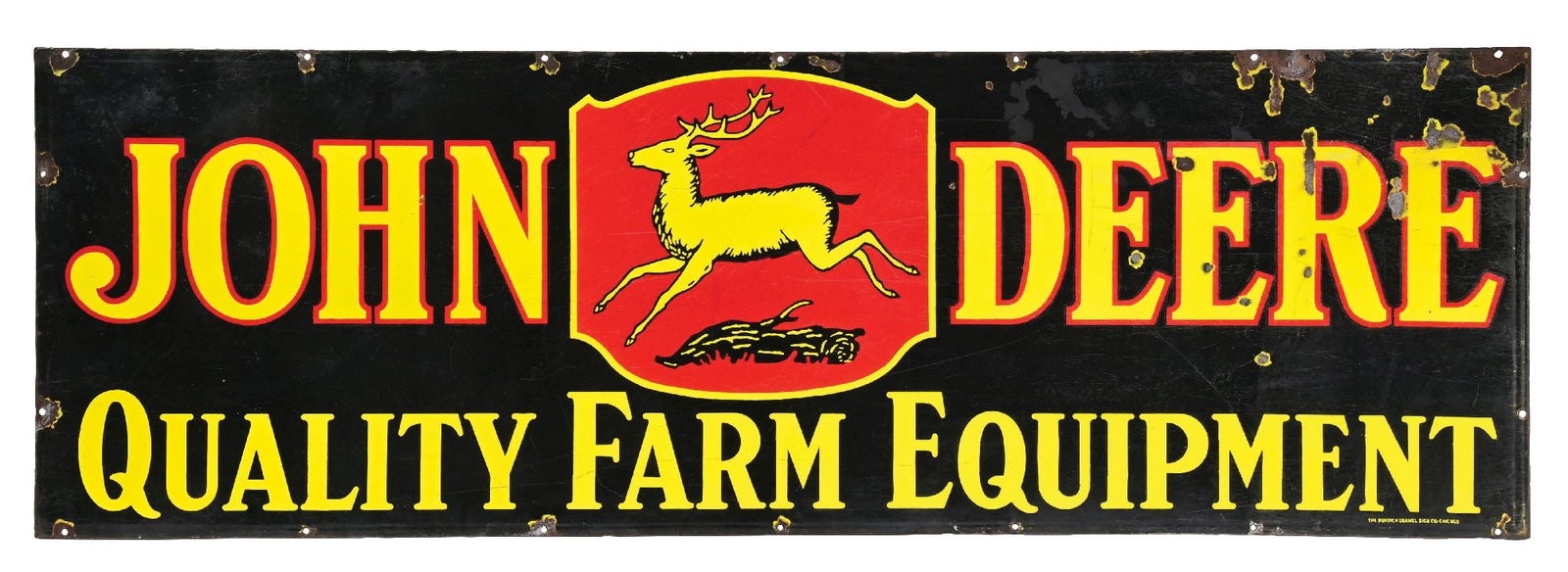 JOHN DEERE QUALITY FARM EQUIPMENT PORCELAIN SIGN: AGS CERTIFIED #30014. DSP. Maker marked Burdick. CONDITION: Sign showing good color and gloss throughout, with minor areas of field chipping as well as surface scratching. Side two showing heavier chi