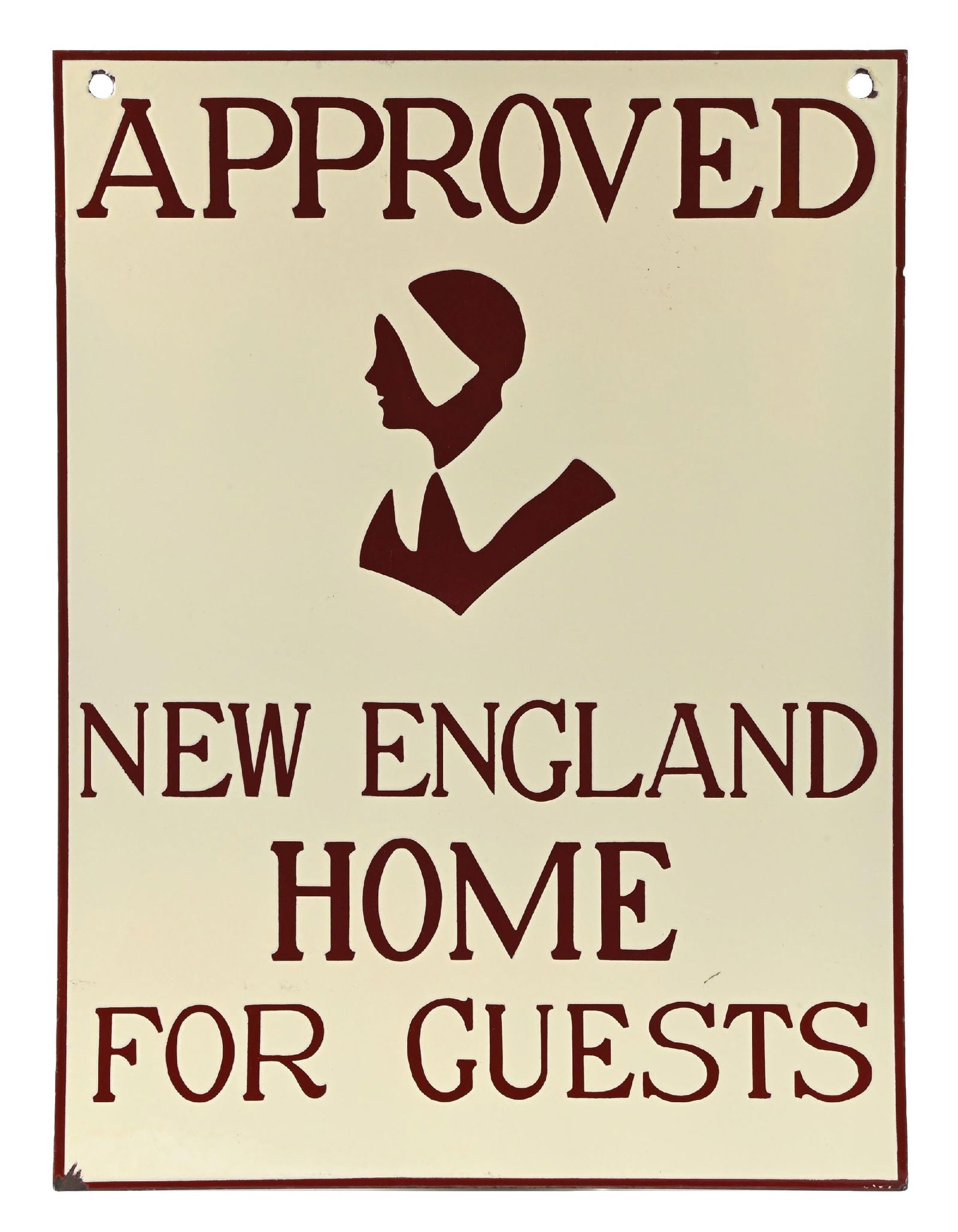 APPROVED NEW ENGLAND HOME FOR GUESTS PORCELAIN SIGN.: DSP. CONDITION: Sign shows outstanding color & gloss throughout with excellent condition fields on each side showing only limited wear and minimal surface scratch. Each side showing one chip at the
