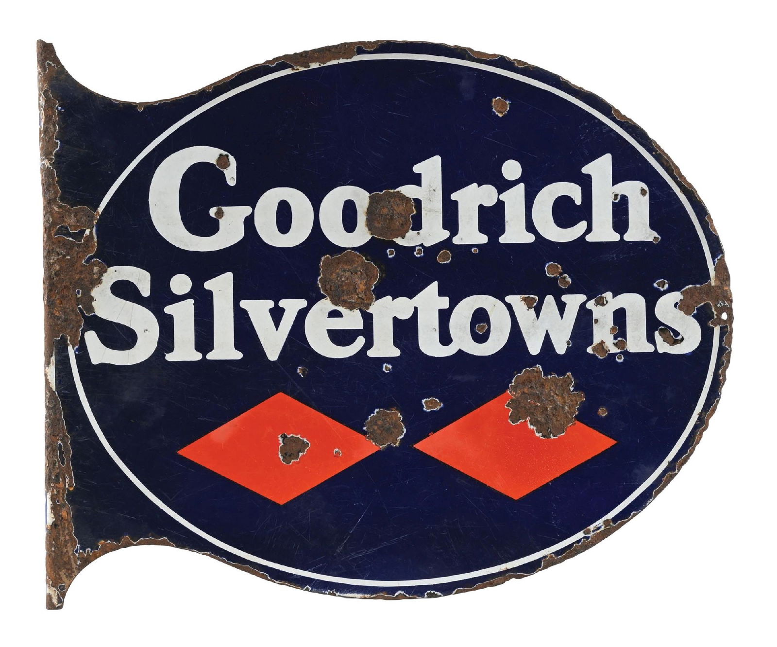 GOODRICH SILVERTOWNS PORCELAIN FLANGE SIGN: DSP. CONDITION: Fair color and gloss throughout, showing heavier surface scratches and chipping on each side. Heavier chipping at the flange and along the outer edges. Condition: (6.75). Dimensions: