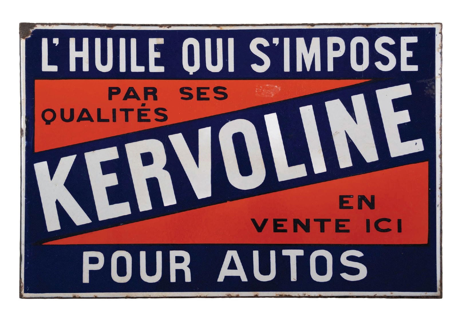 KERVOLINE MOTOR OIL PORCELAIN FLANGE SIGN: DSP. A nice example of this c. 1930s double-sided porcelain French Canadian Kervoline flange sign. CONDITION: Side 1 shows good color and gloss. There is surface scuffing and haze to the gloss
