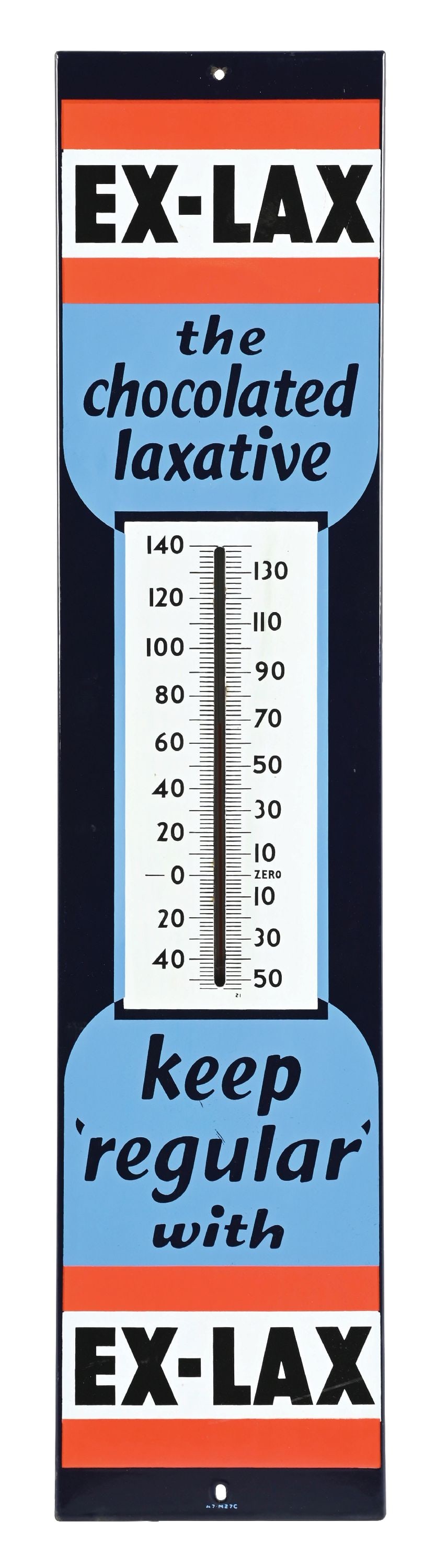 EX-LAX PORCELAIN THERMOMETER.: SSP. CONDITION: Exceptional color & gloss throughout showing no notable field wear. Thermometer is in working condition and the outer edges showing only light areas of storage wear with some minimal c