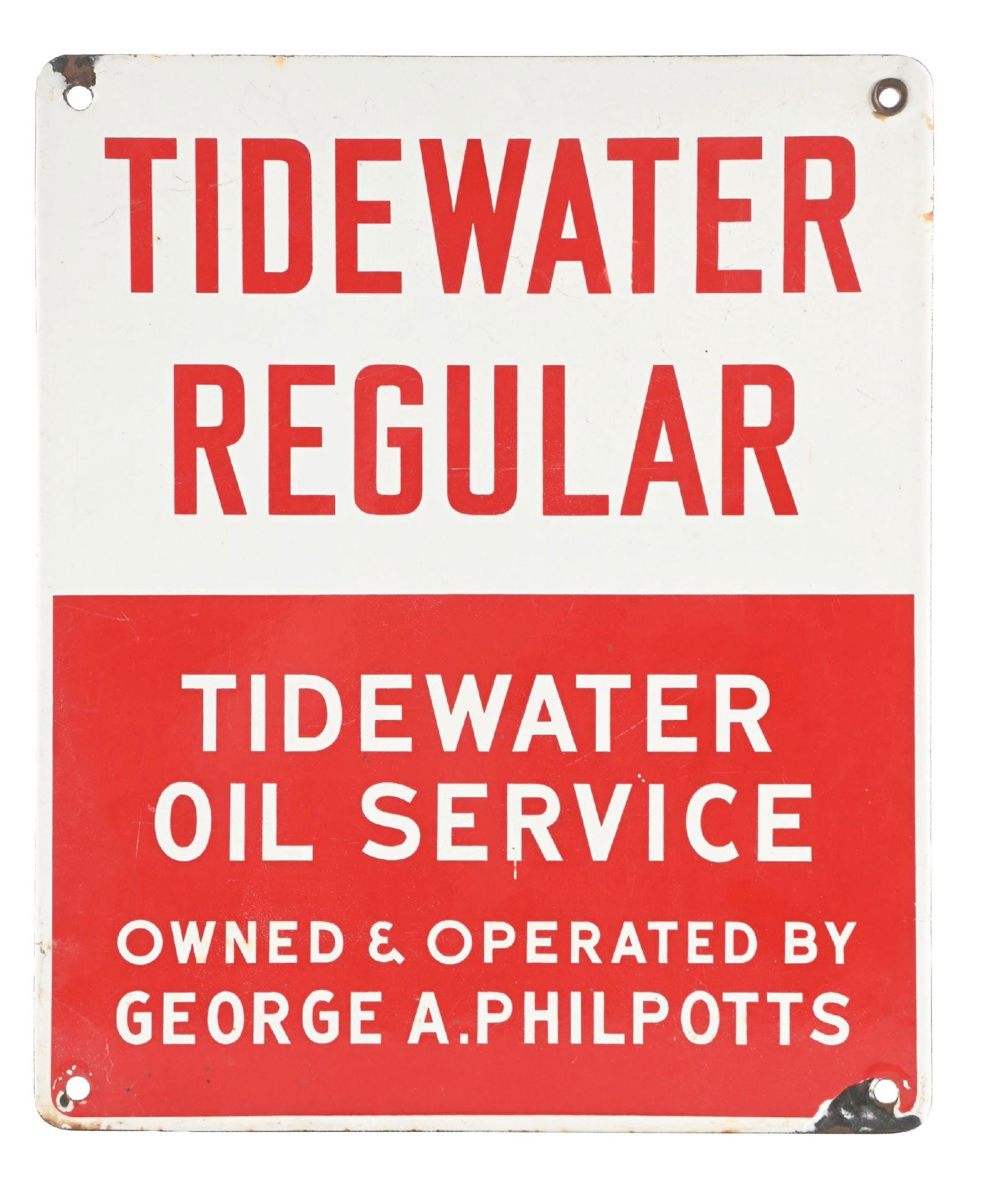 TIDEWATER OIL SERVICE PORCELAIN SIGN: SSP. C. 1950s. CONDITION: Bright and glossy with light surface scratches in the field. Minor chipping at the mounting holes with light chips along the outer edges. Condition: (8.5). Dimensions: 10" x