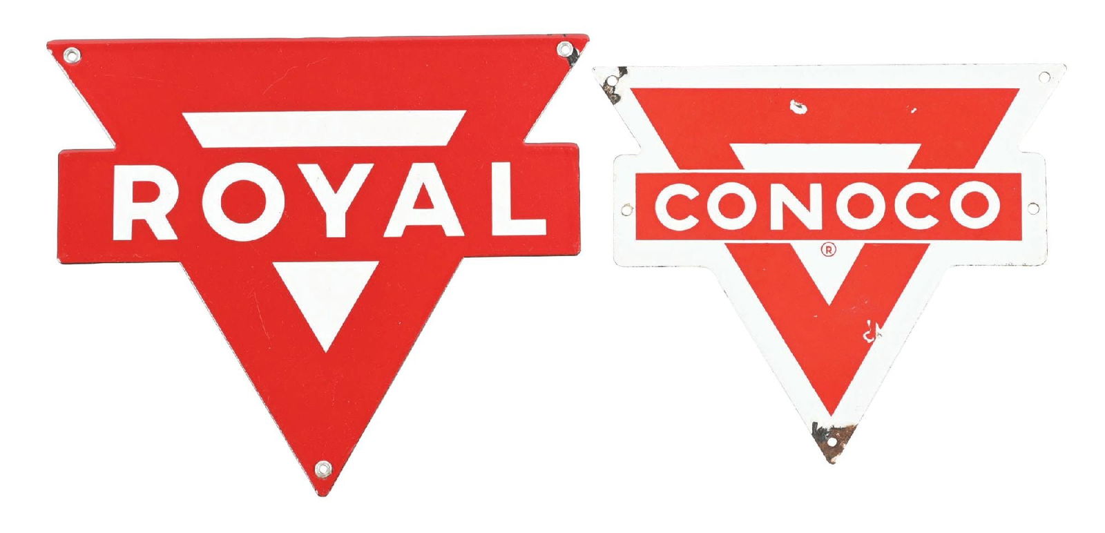 COLLECTION OF 2: ROYAL & CONOCO PORCELAIN SERVICE STATION SIGNS: Collection Consists Of: Conoco Royal Porcelain Sign, excellent with light surface scratches and minimal edge nick, Grade 8.9, Conoco Porcelain Pump Plate, light field chipping with chipping at the