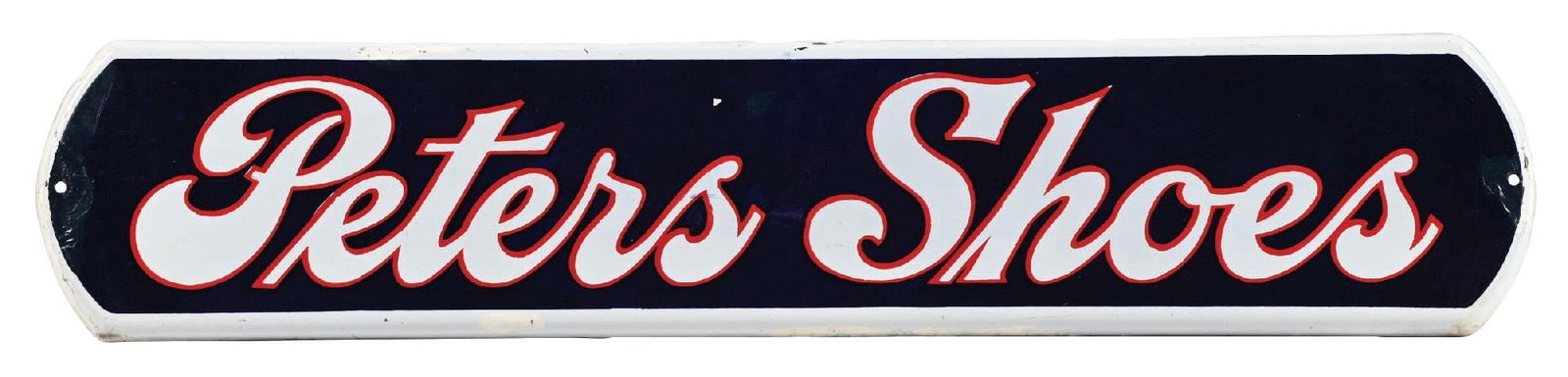 PETERS SHOES PORCELAIN SIGN W/ COOKIE CUTTER EDGE: SSP. CONDITION: Bright and glossy showing two minor touch-ups in the field. Heavier touch-up at the mounting holes swell as some light touch-up in the white outer edge. The lettering is completely
