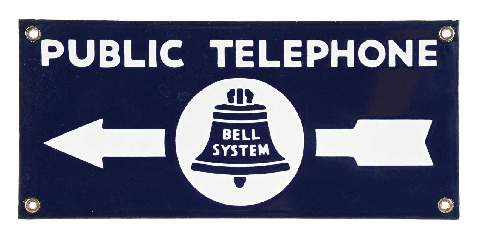 PUBLIC TELEPHONE PORCELAIN SIGN W/ BELL & ARROW GRAPHIC: DSP. CONDITION: Outstanding color & gloss throughout each side showing only light surface wear from storage. All four original grommets intact with very faint wear along the edges. A tough to improve