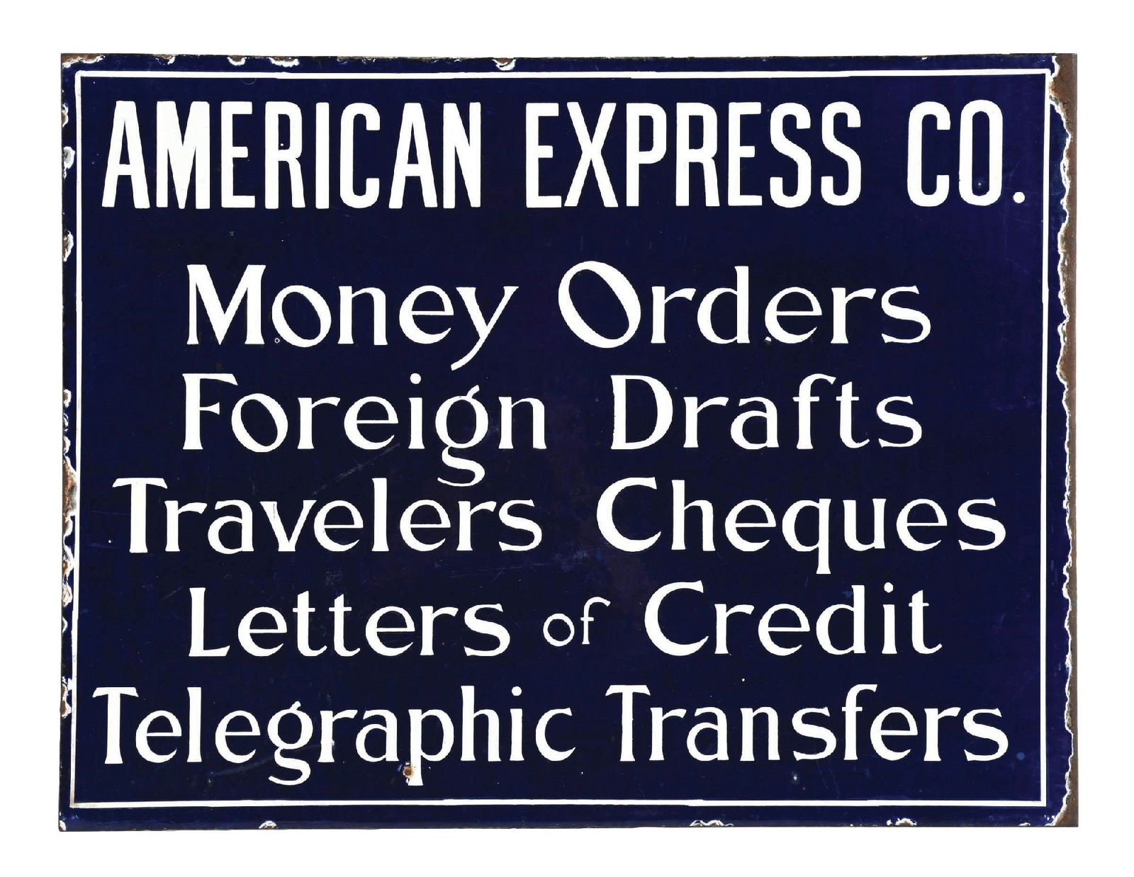 AMERICAN EXPRESS COMPANY PORCELAIN FLANGE SIGN: DSP. Maker Marked Imperial Enamel. CONDITION: Excellent color & gloss throughout each side showing areas of surface scratching and age wear with no notable field chipping. Sign shows heavier chipping