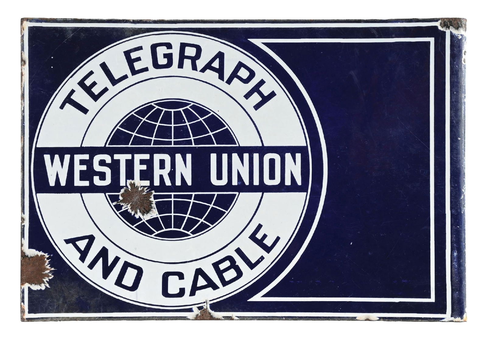 WESTERN UNION TELEGRAPH AND CABLE PORCELAIN FLANGE SIGN: DSP. CONDITION: Very good color & gloss throughout each side showing two areas of chipping as well as some areas of light staining and cloudiness. Light chipping at the mounting holes with wear at the