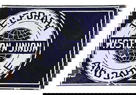 WESTERN UNION TELEGRAPH AND CABLE PORCELAIN FLANGE SIGN: DSP. CONDITION: Very good color & gloss throughout each side showing two areas of chipping as well as some areas of light staining and cloudiness. Light chipping at the mounting holes with wear at the