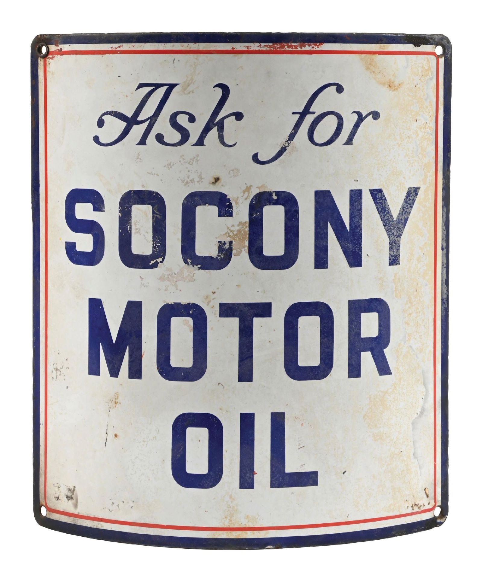 ASK FOR SOCONY MOTOR OIL CURVED PORCELAIN SIGN: SSP. CONDITION: Good color & gloss, showing areas of staining and surface scratching in the field as well as some discoloration in the outer fields. Light chipping and wear at the mounting holes and