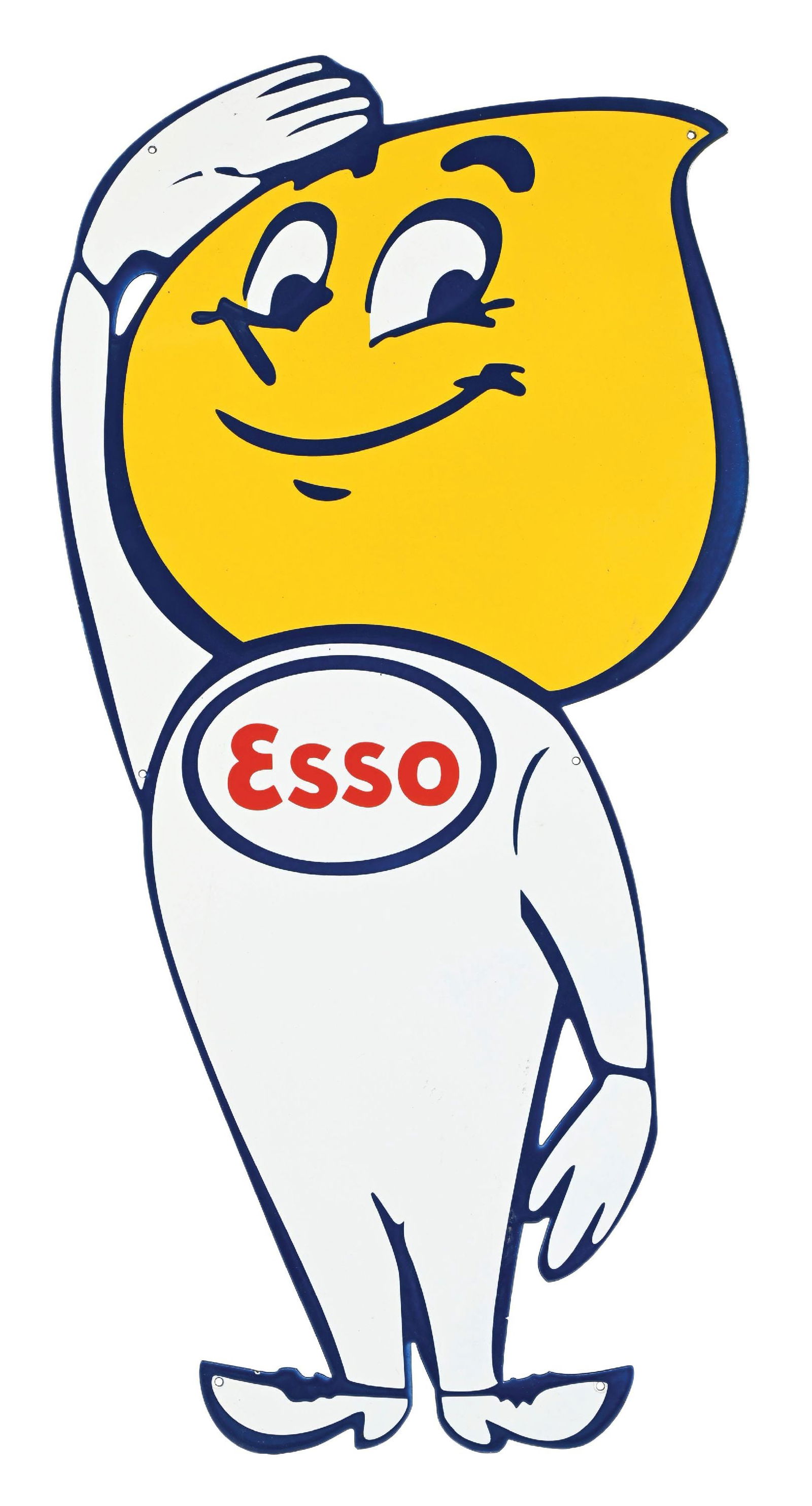 ESSO OIL DROP REPRODUCTION DIE-CUT PORCELAIN SIGN: SSP. CONDITION: In excellent like-new condition, showing no notable wear. Minimal wear at the mounting holes and along the outer edge. Condition: (Excellent). Dimensions: 36" x 18 - 1/4".