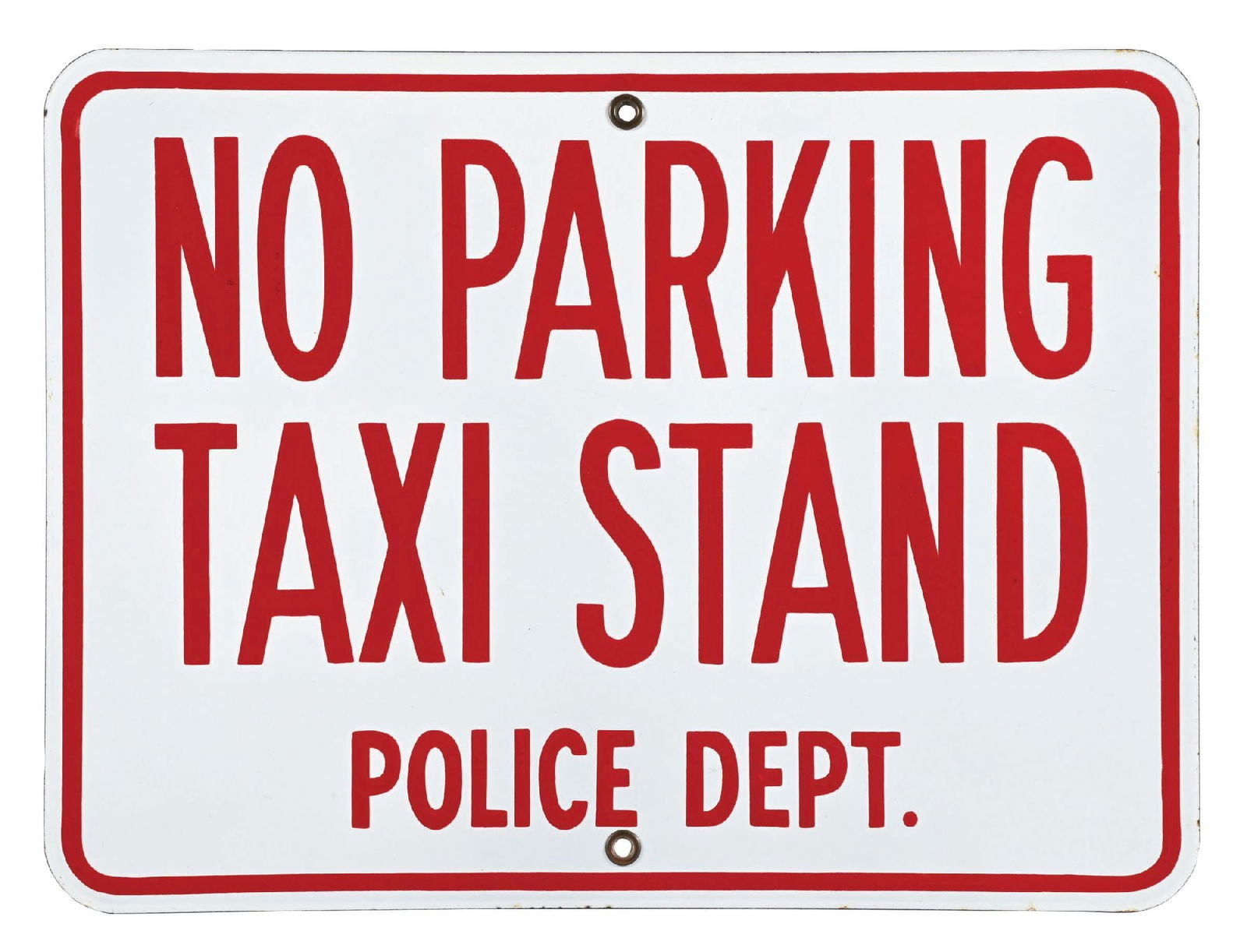 POLICE DEPT. "NO PARKING TAXI STAND" PORCELAIN SIGN: SSP. C. 1950s. CONDITION: Excellent color and gloss throughout, showing no field wear. Mounting holes in excellent condition with a couple of very minor chips at the outer edge. A tough to improve