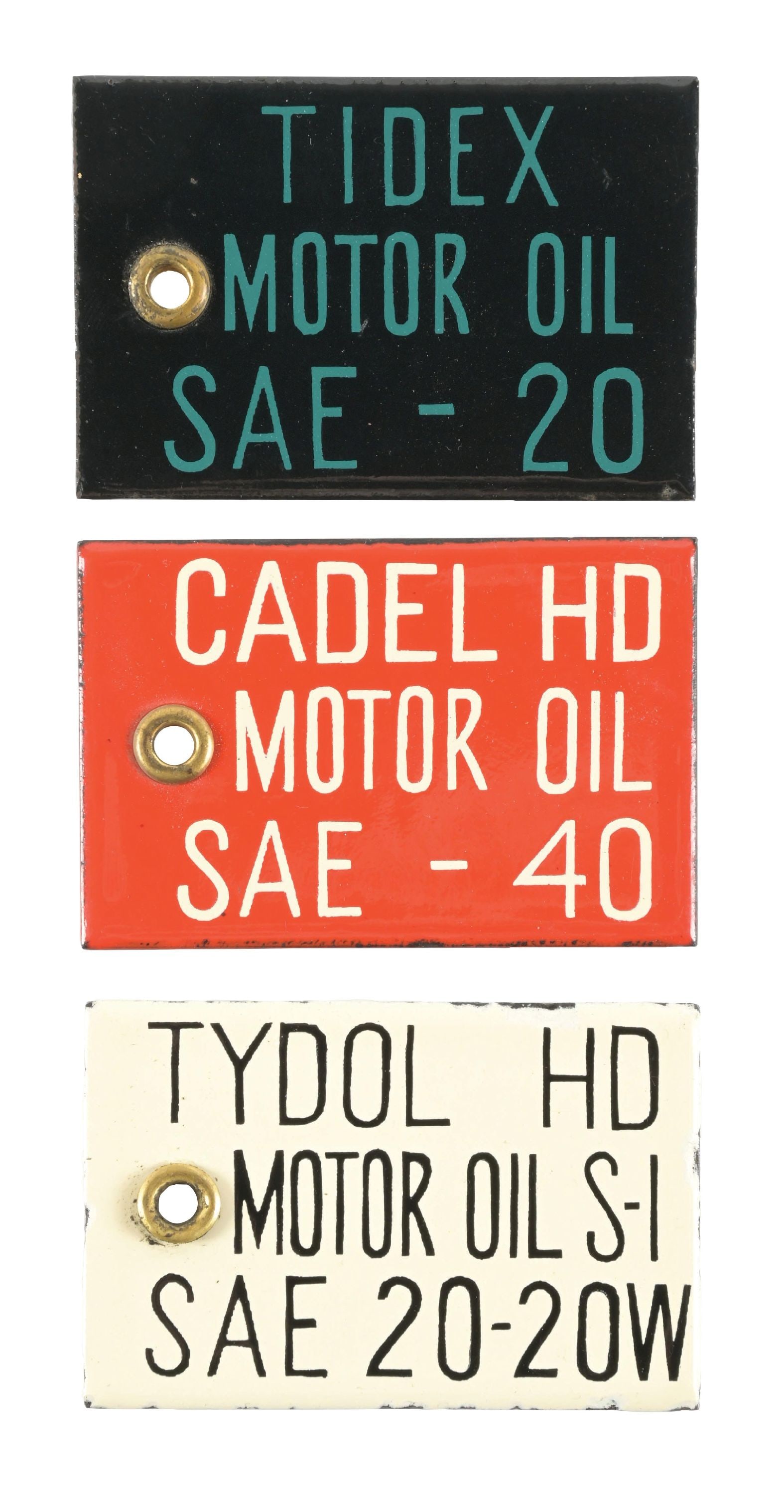 COLLECTION OF 3: TYDOL, TIDEX & CADEL MOTOR OILS PORCELAIN BARREL TAG SIGNS (1 of 2)
