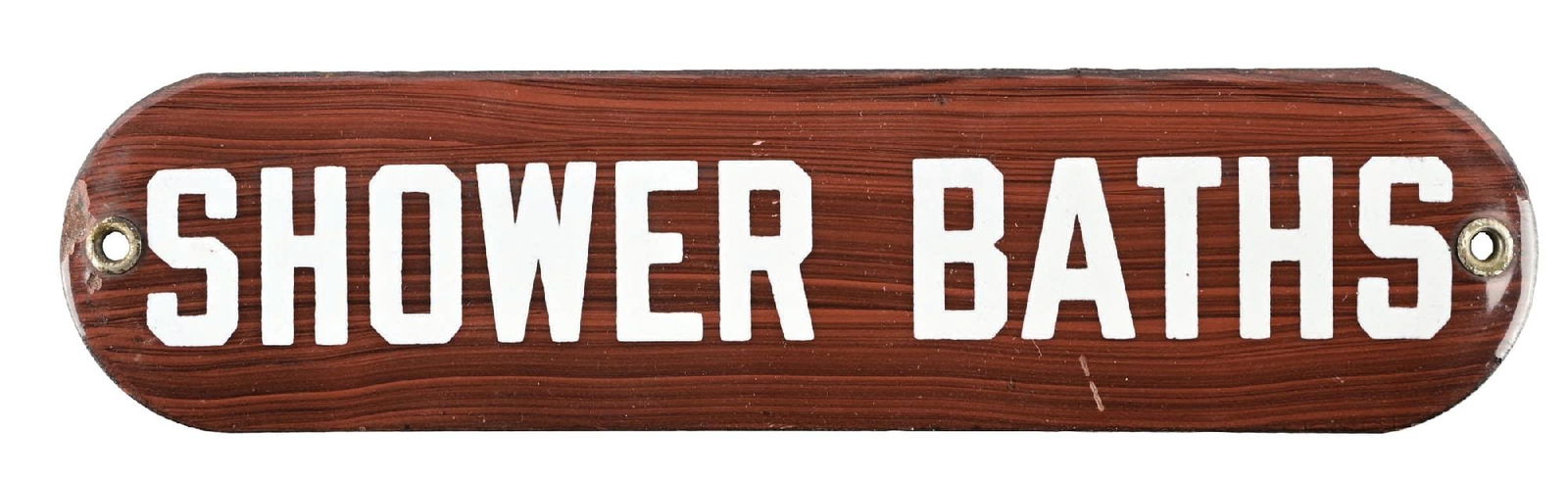 SHOWER & BATHS PORCELAIN DOOR SIGN W/ WOOD GRAIN PORCELAIN BACKING (1 of 2)