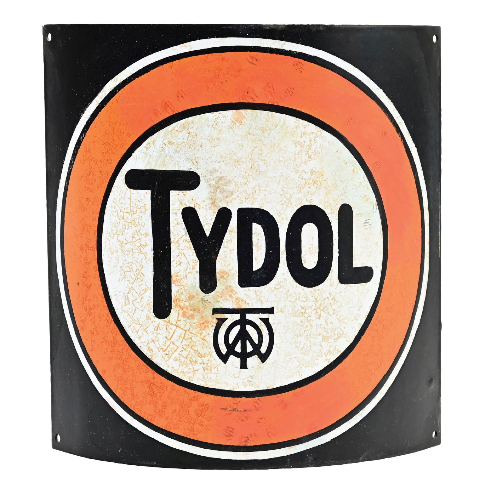 TYDOL GASOLINE CURVED PORCELAIN SIGN: SSP. CONDITION: Sign showing an older restoration with areas of repair throughout the field. Sign shows no clean coat, so it displays a matte-like finish with areas of staining throughout the field. C