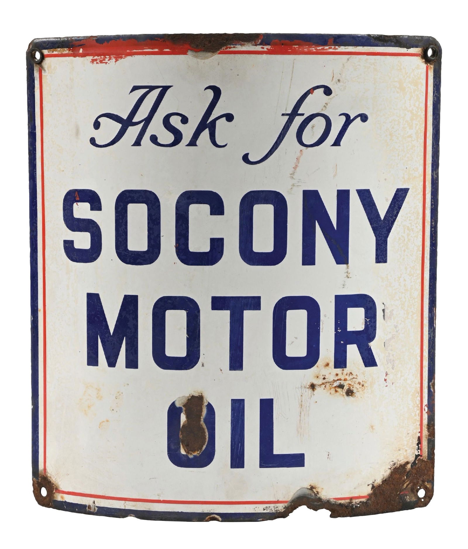 ASK FOR SOCONY MOTOR OIL CURVED PORCELAIN SIGN: SSP. CONDITION: Fair color and gloss, showing chipping and surface scratching in the inner and outer fields. Chipping at the mounting holes, as well as some metal loss along the lower edges. Should im
